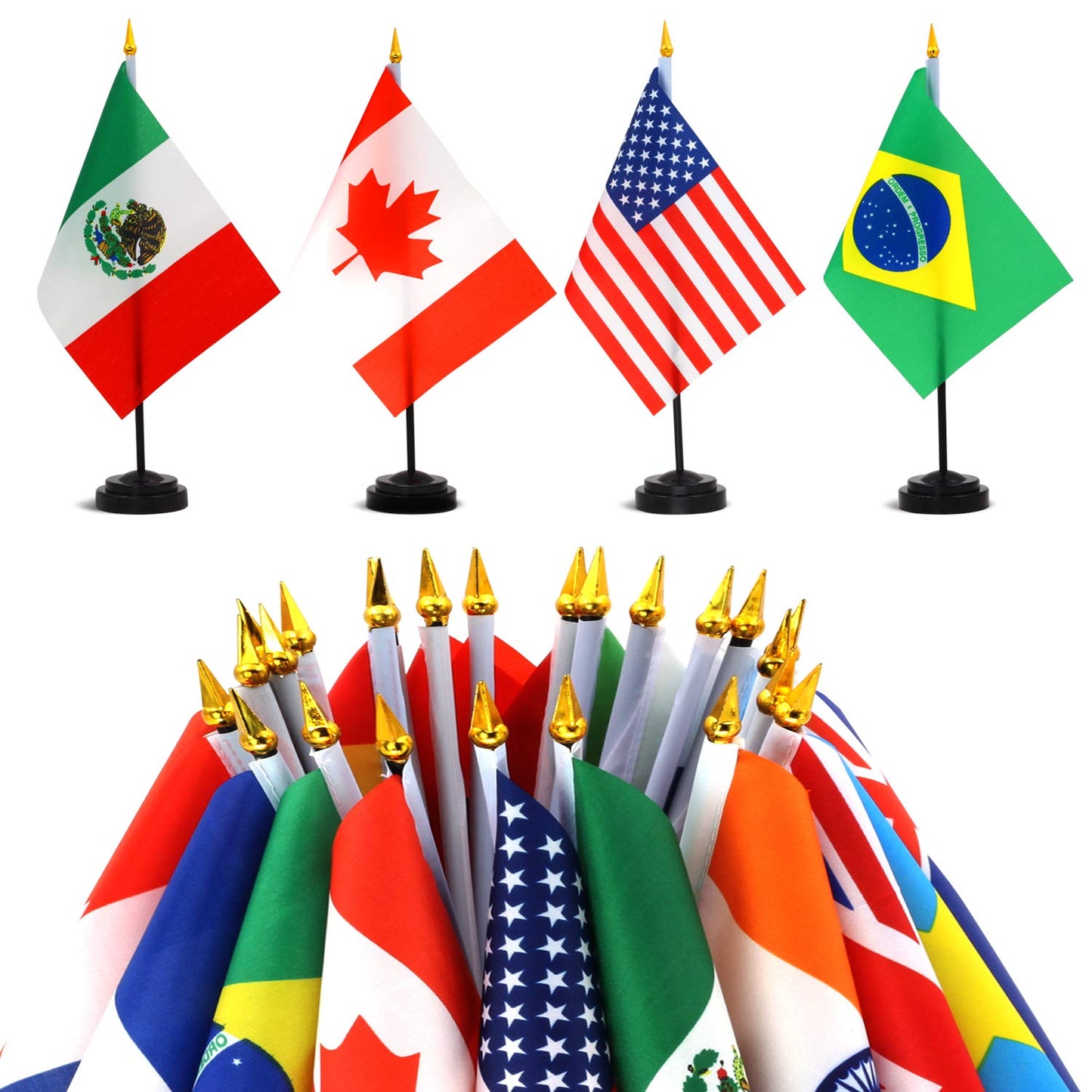 ANLEY 24 Countries Deluxe Desk Flags Set - 7.5 x 5.5 Inches Miniature American US Desktop Flag with 12.5" Black Pole - Vivid Color and Fade Resistant - Come with Black Base and Black Top