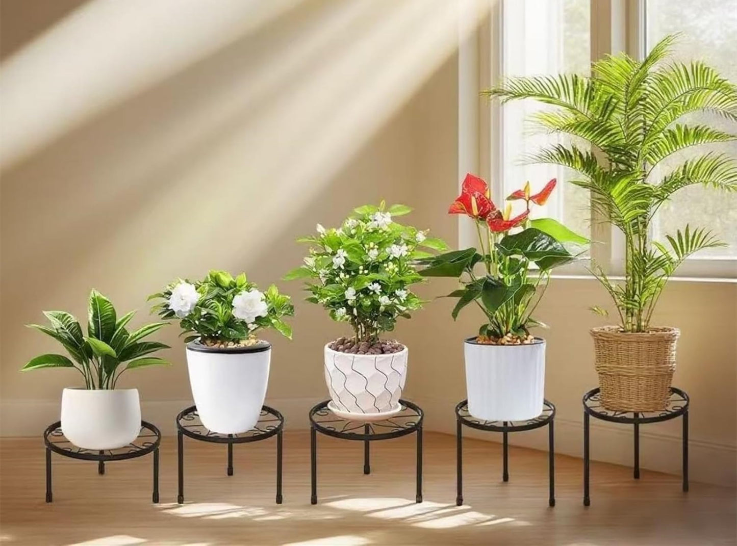 FABOMEI 5-Pack Metal Plant Stands Indoor & Outdoor, Anti-Rust Iron, Heavy Duty, Black