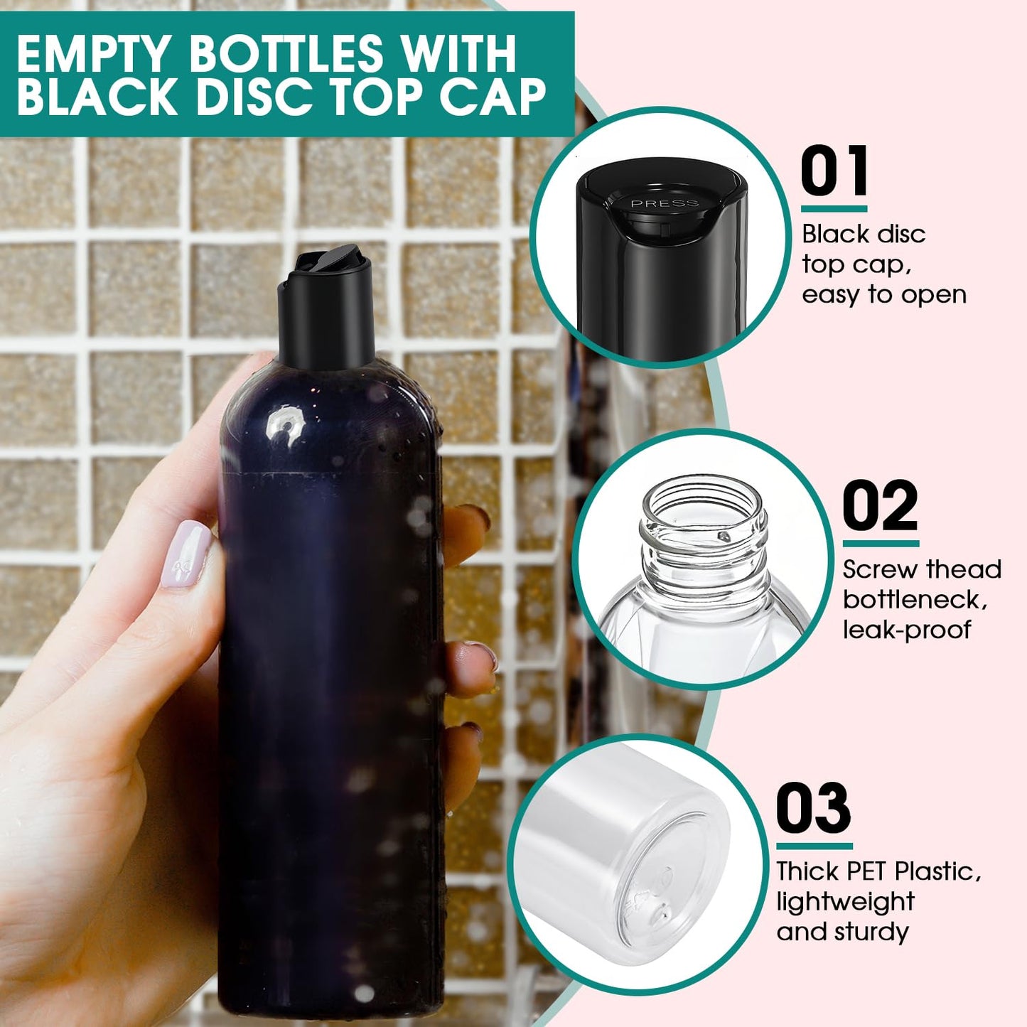 16 oz Clear Plastic Empty Bottles with Black Disc Top Caps, 12 Pcs Squeezable Refillable Shampoo Bottles Travel Cosmetic Containers for Lotions, Body Soap Cream