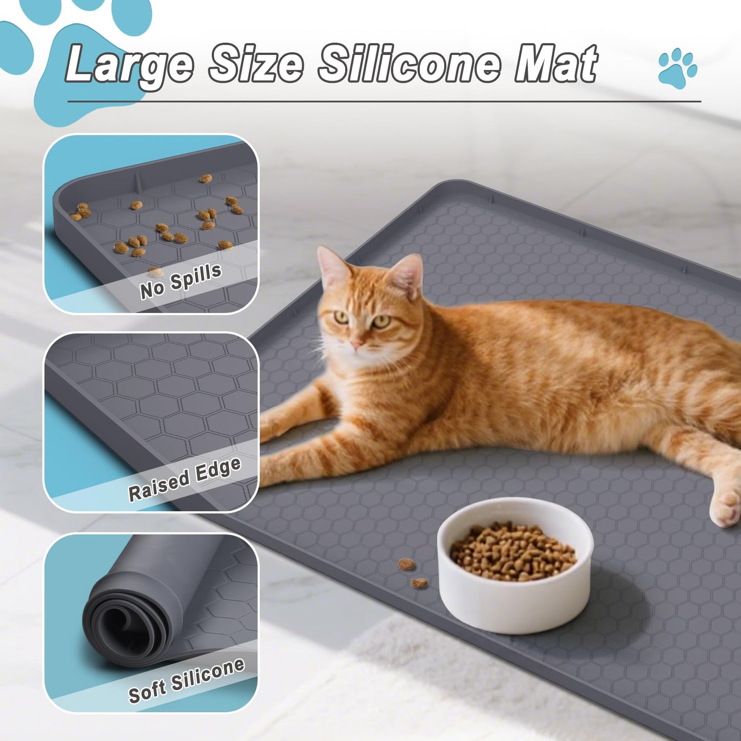 TIMOHCR Cat Litter Mat 34" X 22", Cat Litter Box Mats Waterproof Silicone Pad for Floor Pee Pad Tray Holder with Complimentary 6 Clamps