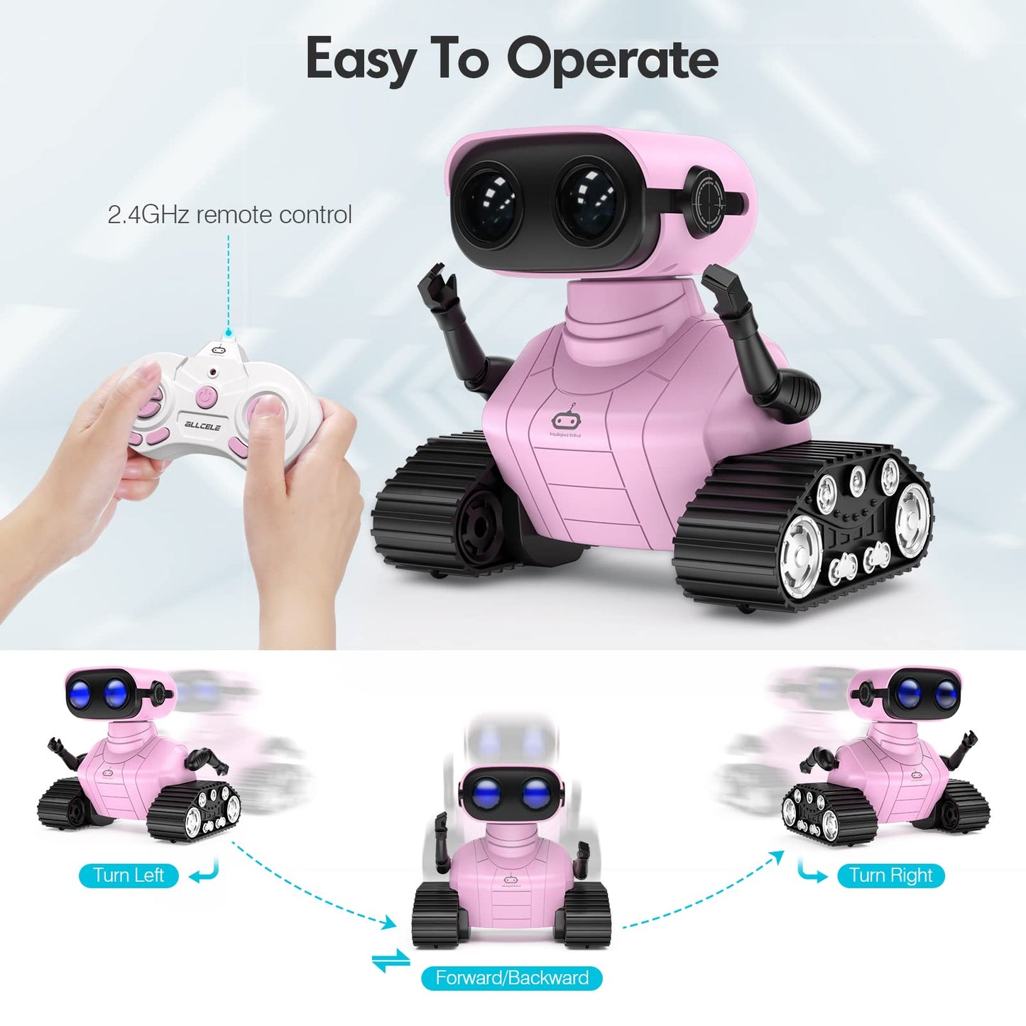 ALLCELE Girls Robot Toy, Rechargeable RC Robots for Kid, Remote Control Toy with Music and LED Eyes, Gift for Children Age 3 Years and Up - Pink