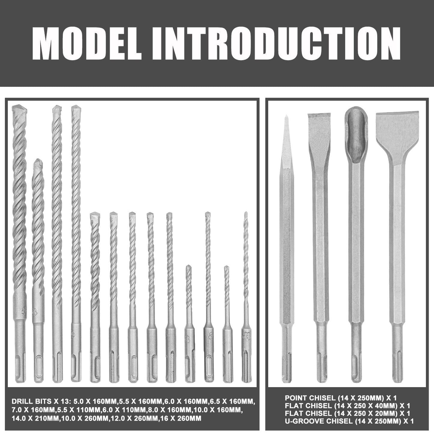 TOPEX 17 Piece SDS Plus Rotary Hammer Drill Bits Set & Chisel Bits Hole Tool Set Drilling Bricks, Concrete, Wall,Stone