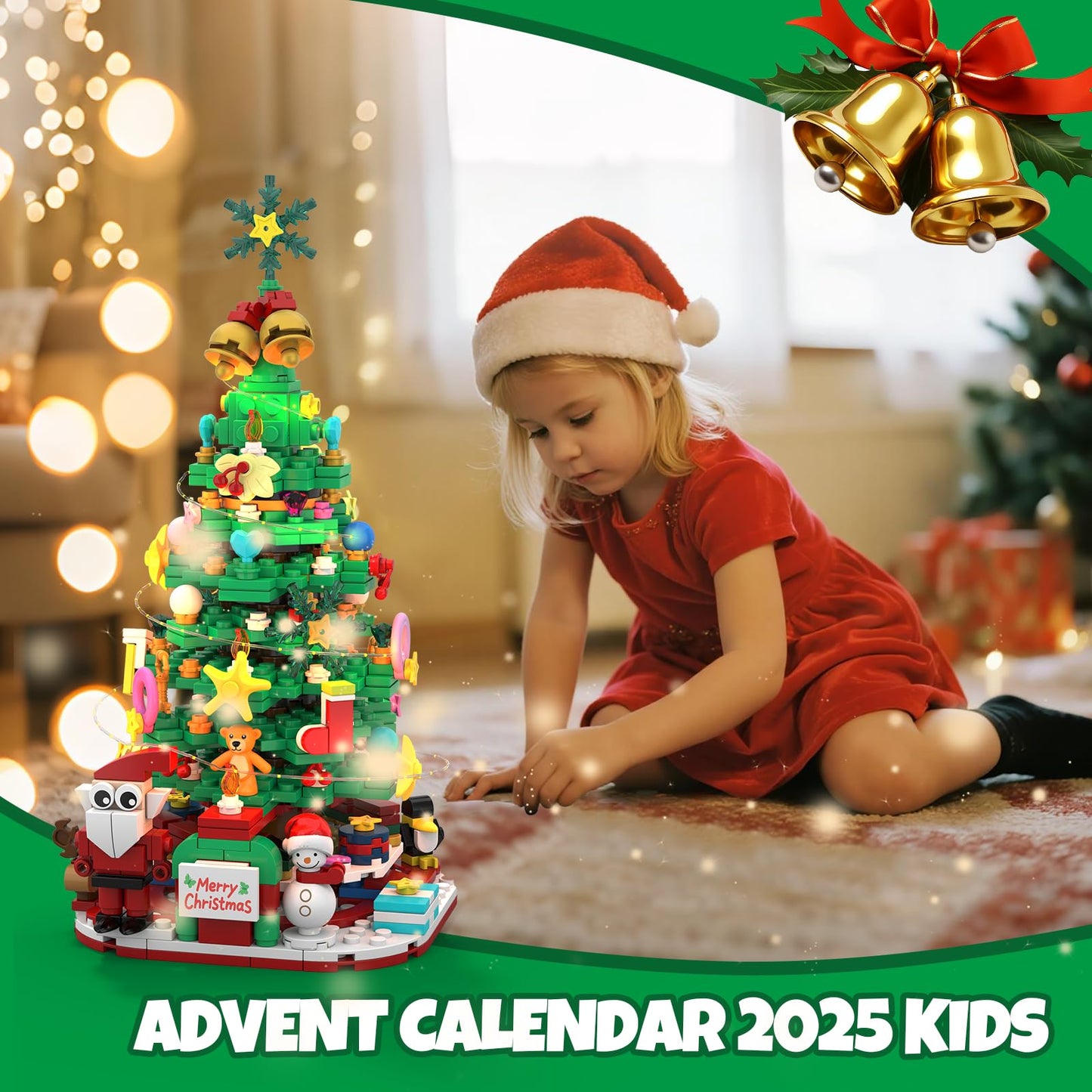 Advent Calendar 2025 Christmas Tree Advent with LED Light,24 Days Christmas Tree Building Block Toy Set，Christmas Gifts for Adults Teens Kids