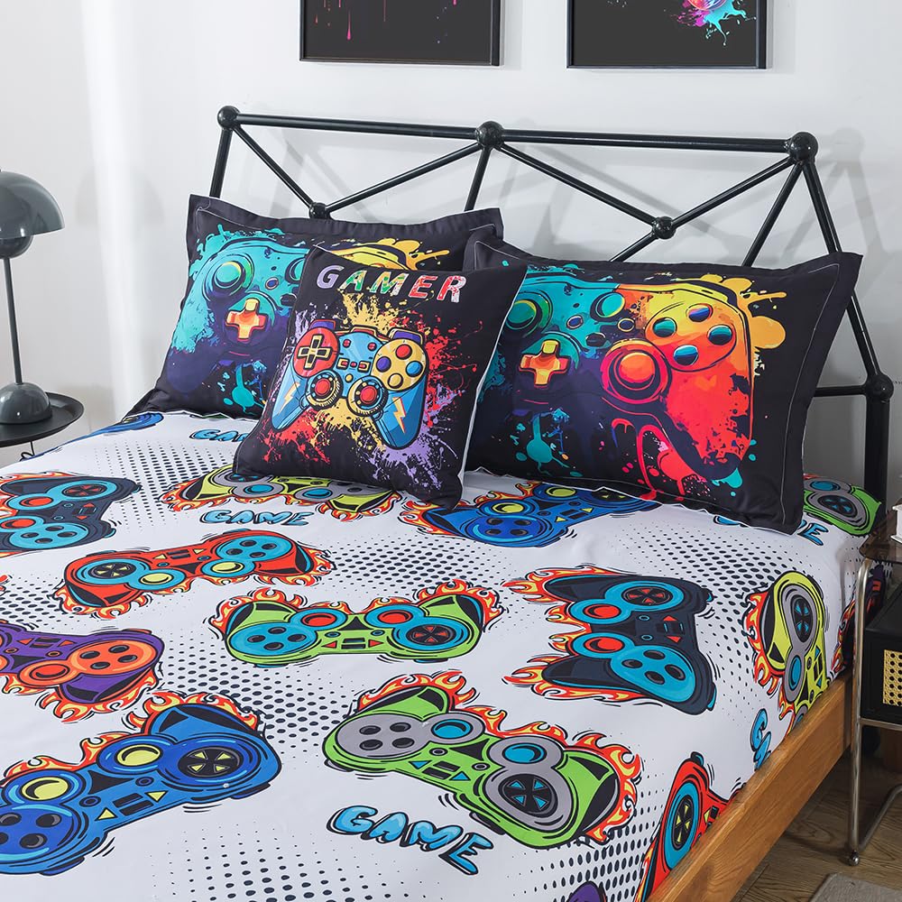 ADASMILE A & S 6Pieces Gamer Bedding for Boys Twin Size Gmer Comforter Set Kids Video Game Bed in A Bag with Gamepad Sheets All Season Gaming Controller Bed Set with Pillowcases
