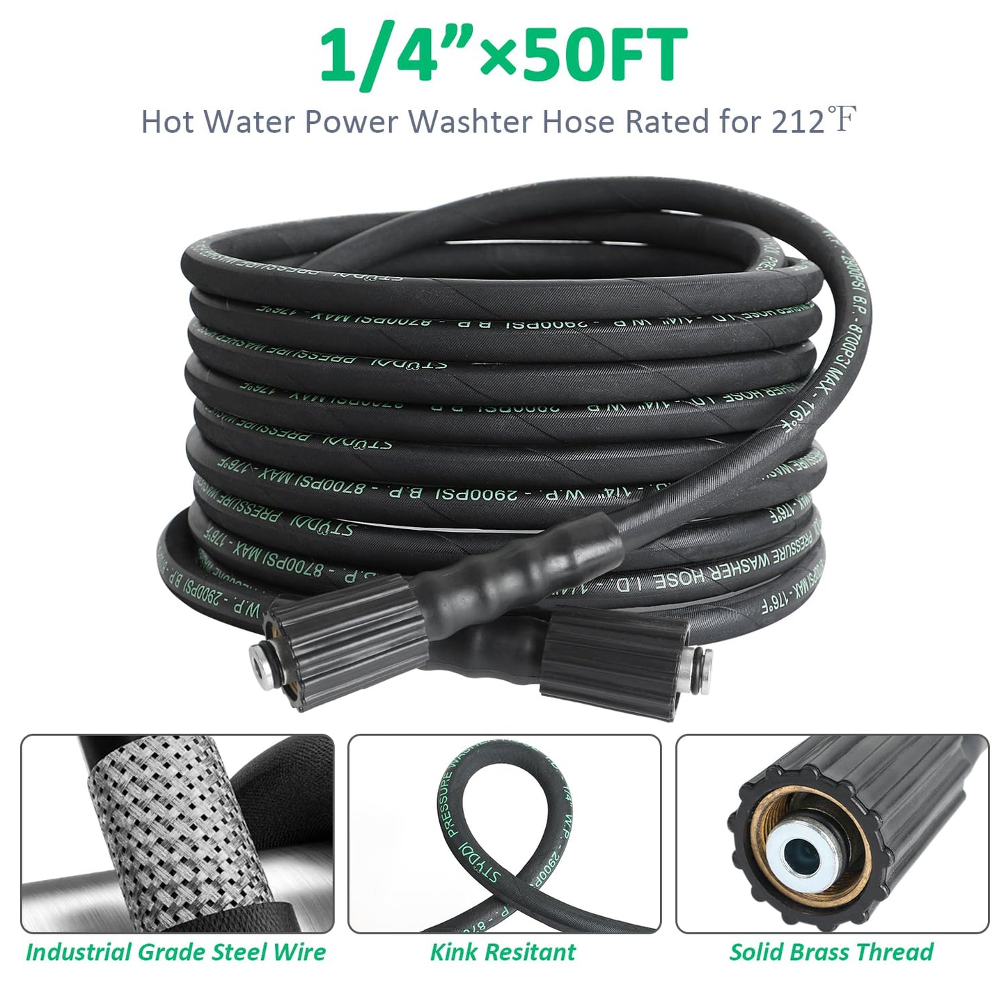 STYDDI 50FT Pressure Washer Extension Hose with Coupler for Sun Joe SPX Series, Kink Free, 2900 PSI X 1/4", Heavy Duty Steel Braided and Rubber Power Washer Hose with M22-15mm for SPX-25HD and Others