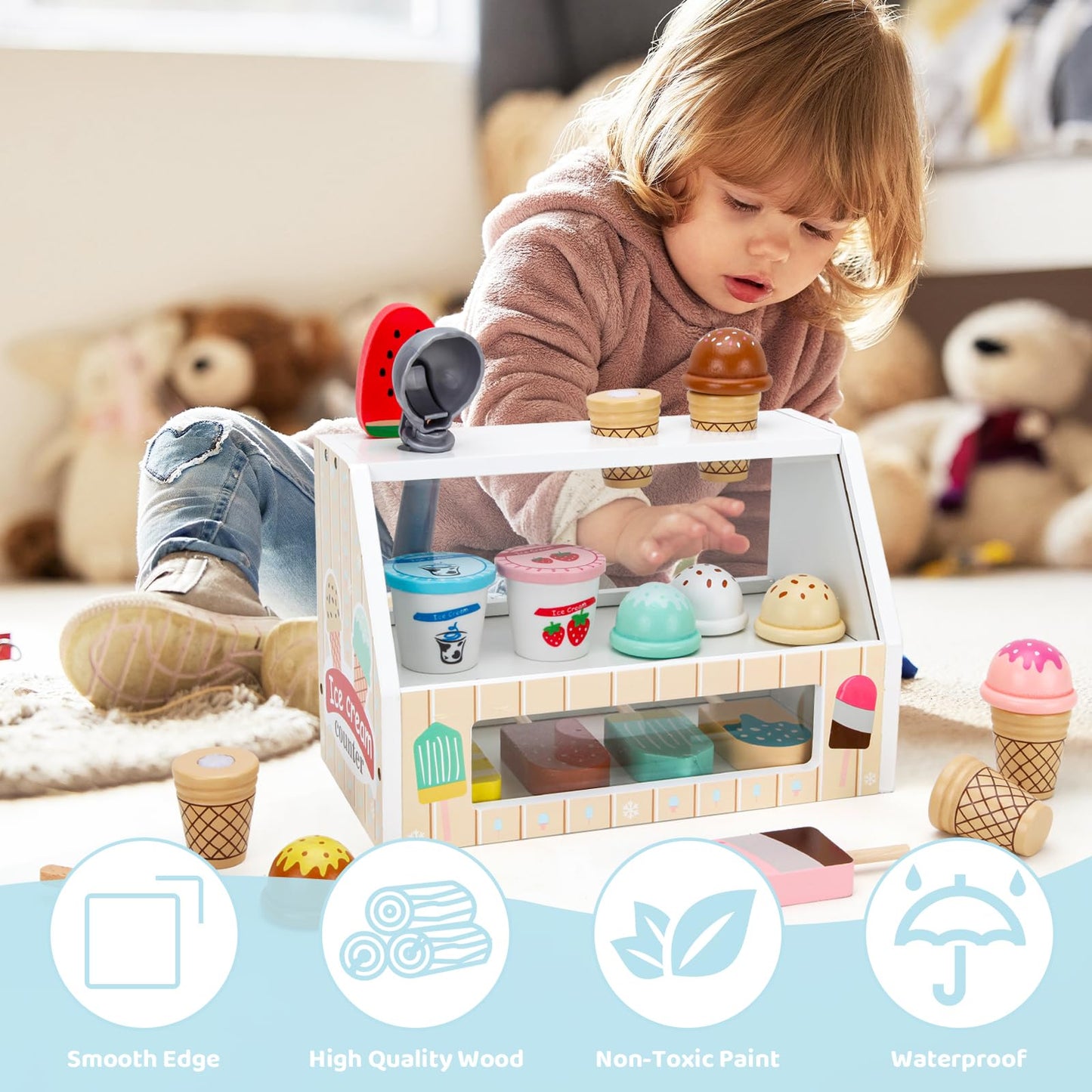 ZJEFUNS Wooden Ice Cream Toys for Kids Ice Cream Counter Shop for Toddlers Pretend Play Food Scoop and Serve with Scoop & Menu & Fake Money for Boys and Girls Ages 3 4 5 6 (Beige)