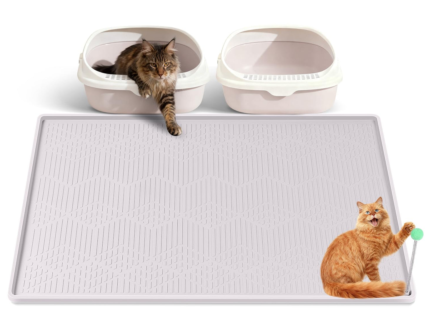 Bartuke Large Cat Litter Mat with Toy Ball, 38'' x 25'' Silicone Cat Litter Trapping Mat for Scatter Control, Soft on Kitty Paws, Easy to Clean (White)