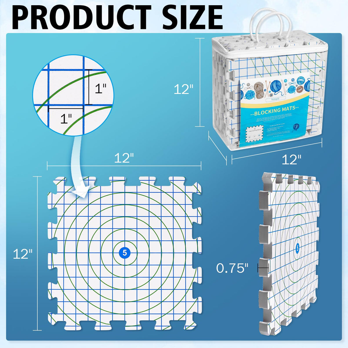 Yiitoll Blocking Mats for Knitting, Extra Thick Knitting Blocking Mats with Grid Radial Lines, 9 Packs Crochet Blocking Board with 100 T-pins and Storage Bag (White)