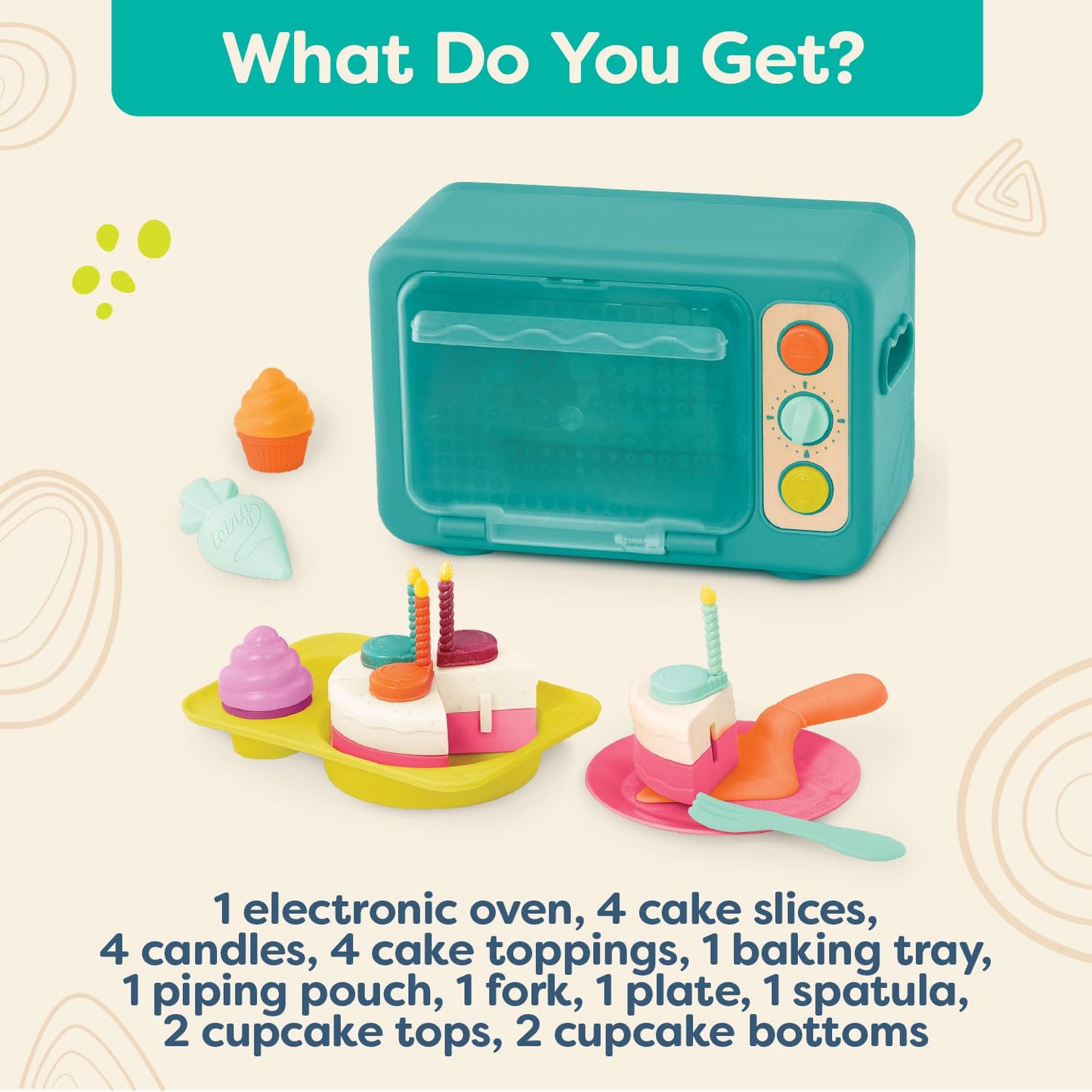 B. toys – Play Oven Set – 22 Pieces Cake Baking Playset – Pretend Cupcake Decorating – Lights & Sounds – 3+ Years– Mini Chef – Bake – a – Cake Playset