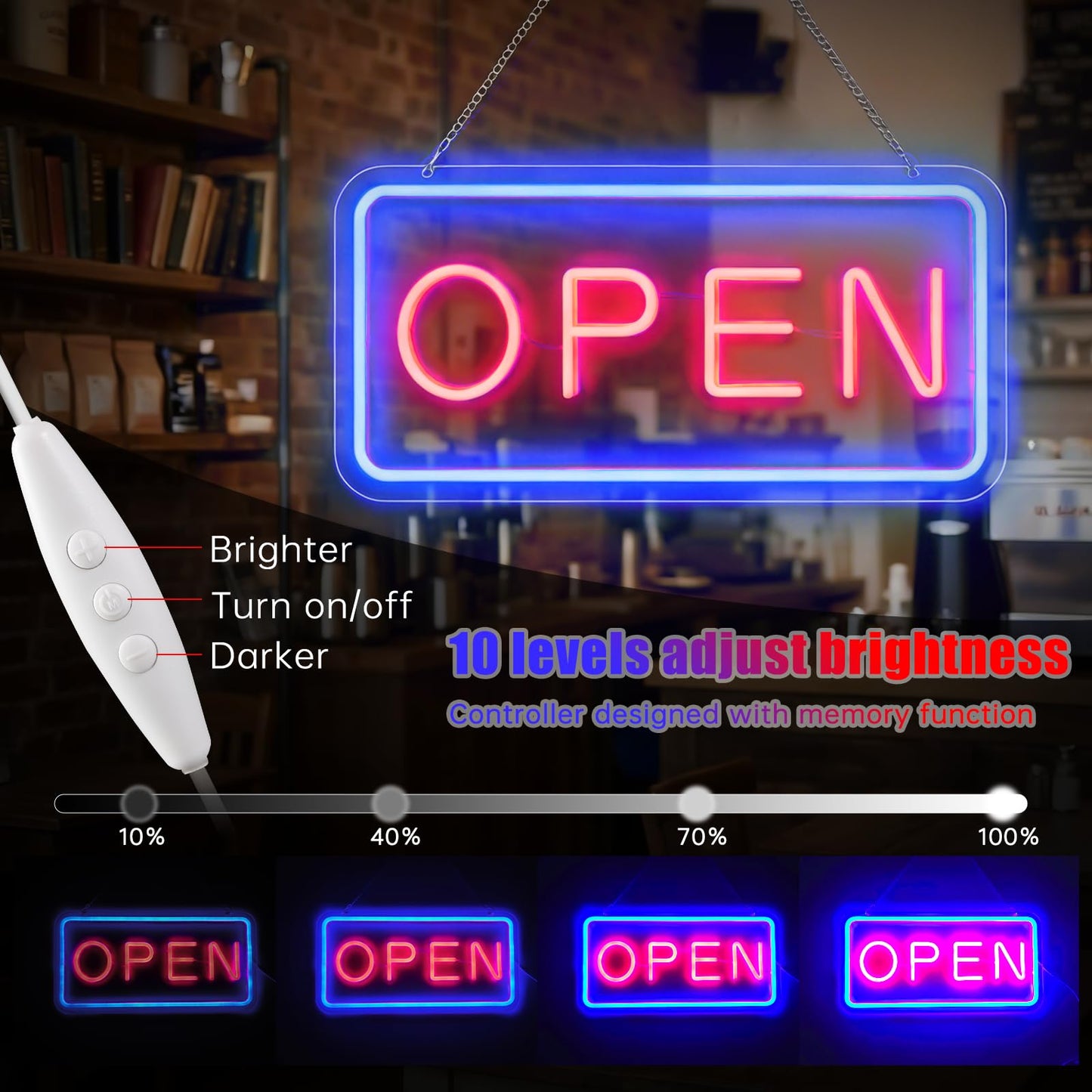 GABROGA 22 x 12inch Large Open Sign for Business, 10-Level Dimmable LED Neon Light up Open Signs, 12V/3A Open Sign USB Powered with 6.7FT Cord Easy to Hang for Window Bar Cafe Salon Store, Blue-Red