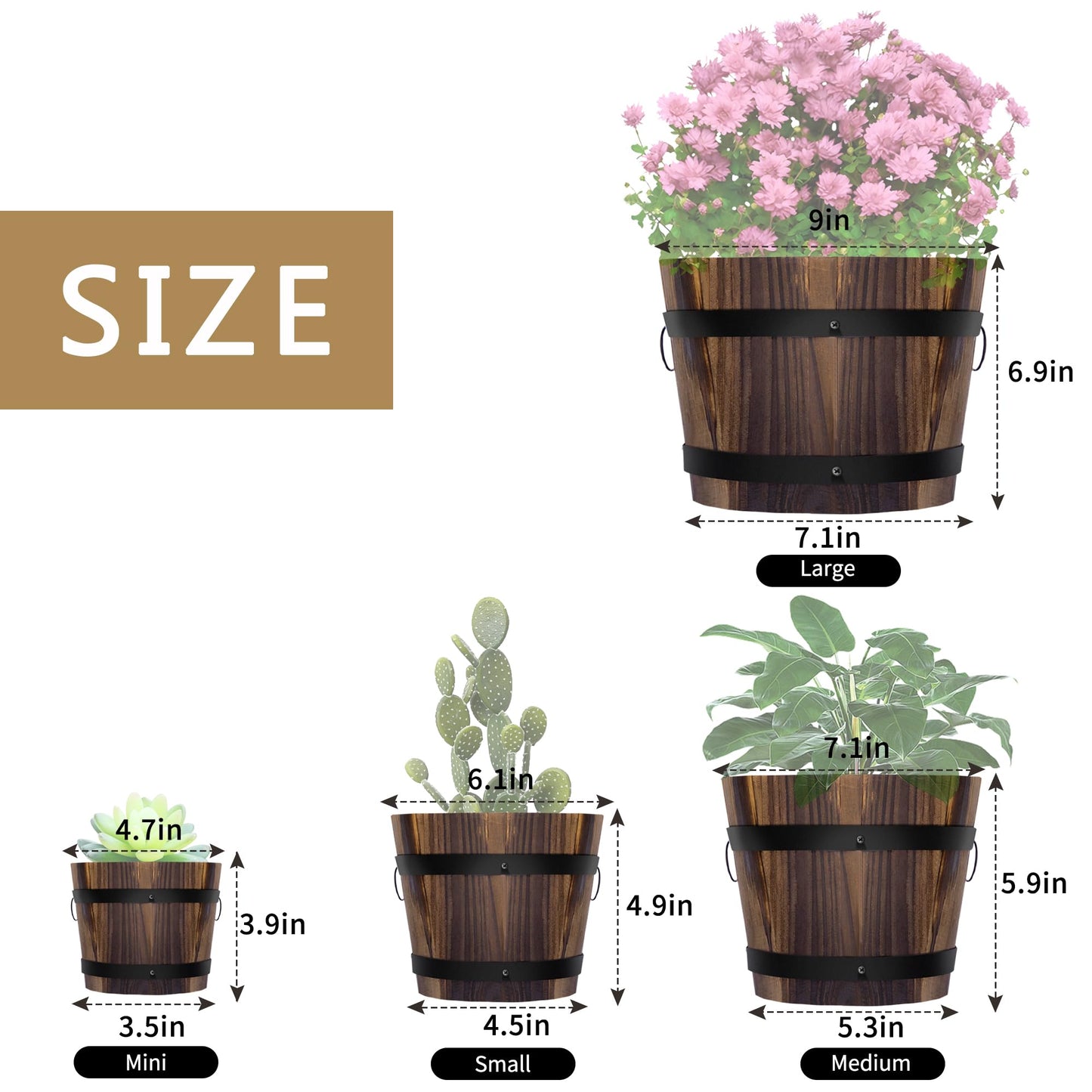 Adnee 4 Pack Wooden Whiskey Barrel Planters - 4 Sizes Wooden Bucket Barrel Garden Planters Set - Rustic Flower Planters Pots Container for Indoor Outdoor Garden Home Plants(4.7",6.1",7.1",9")