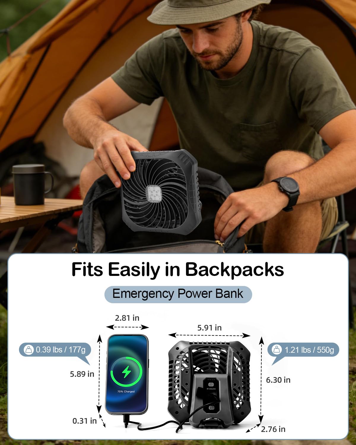 Odoland Portable Tent Fan with LED Lights - Rechargeable Camping Fan with 4 Speed Settings and 3 Light Modes for Hurricane Emergency Outages Camping, RV, Road Trips,Black