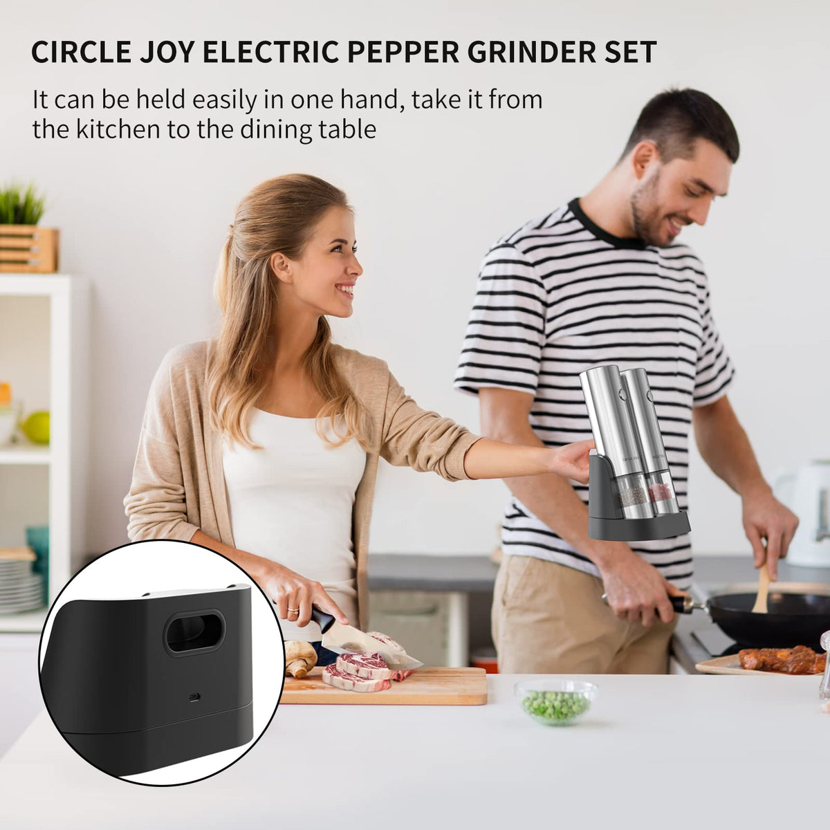 CIRCLE JOY Electric Salt and Pepper Grinder Set, Automatic Spice Grinder Pepper Mills with Portable Dual Charging Station, White Led Light and Adjustable Coarseness