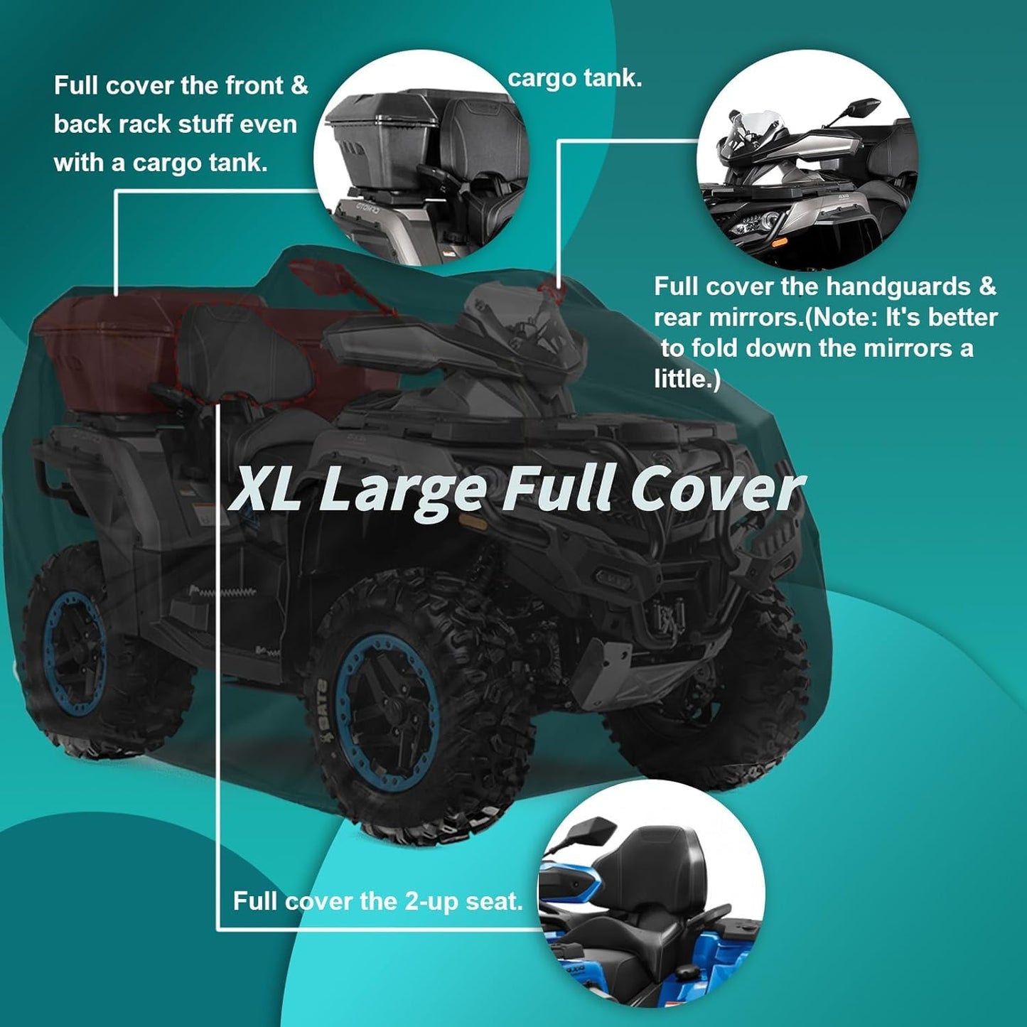 QYMOTO ATV Cover 4 Wheeler Cover Waterproof 420D,Large Quad Cover ATV Covers XXL 2 UP Durable Thick Outdoor Protection for Polaris Sportsman,Can am Outlander,Arctic Cat,CFMOTO Cforce 600 1000,Yamaha