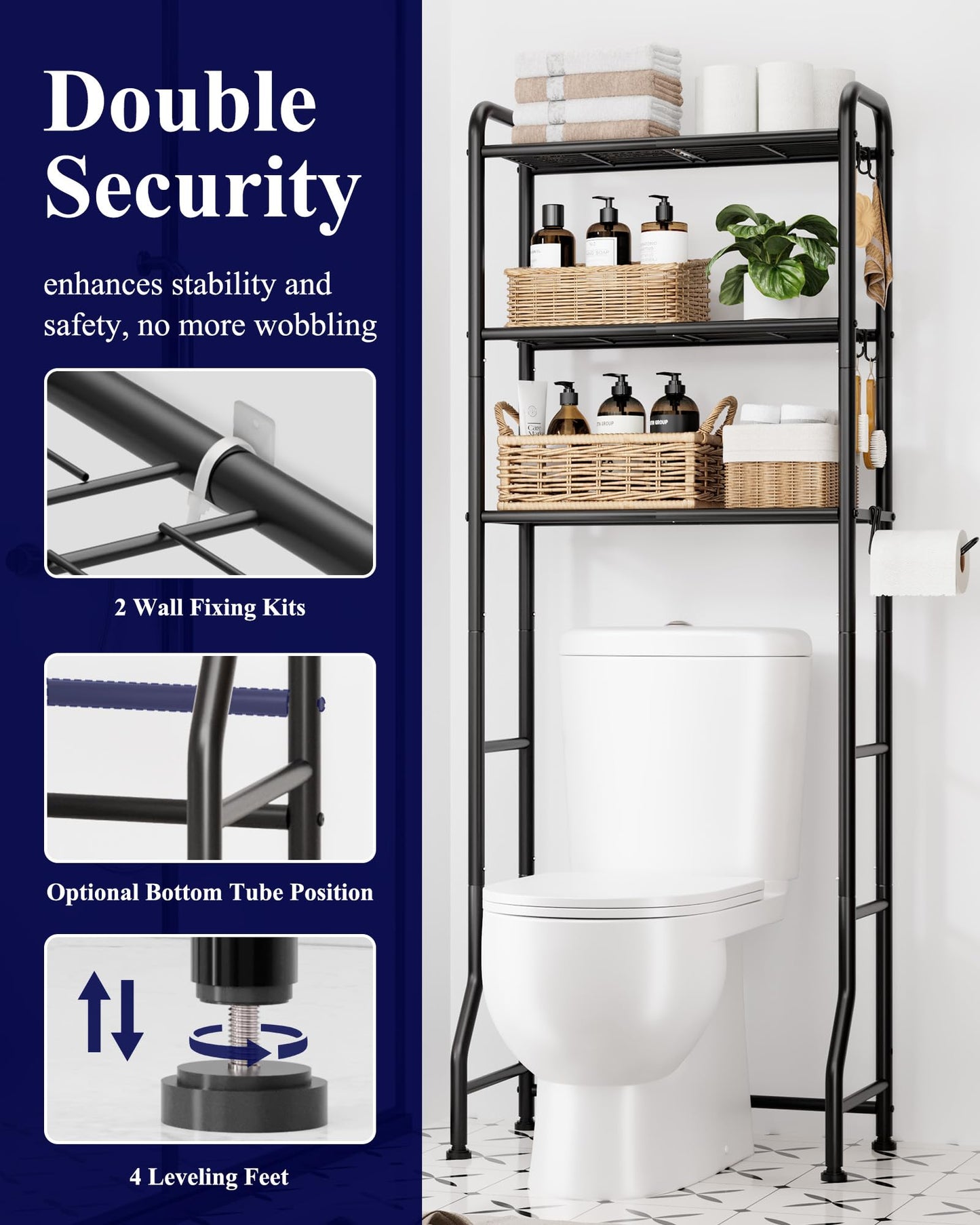 Kitsure Over Toilet Storage Rack – 3-Tier Black Metal Bathroom Organizer Shelf with Toilet Paper Holder & Hooks, Space-Saving Over the Toilet Cabinet for Laundry Room or Washroom, 63.2" H