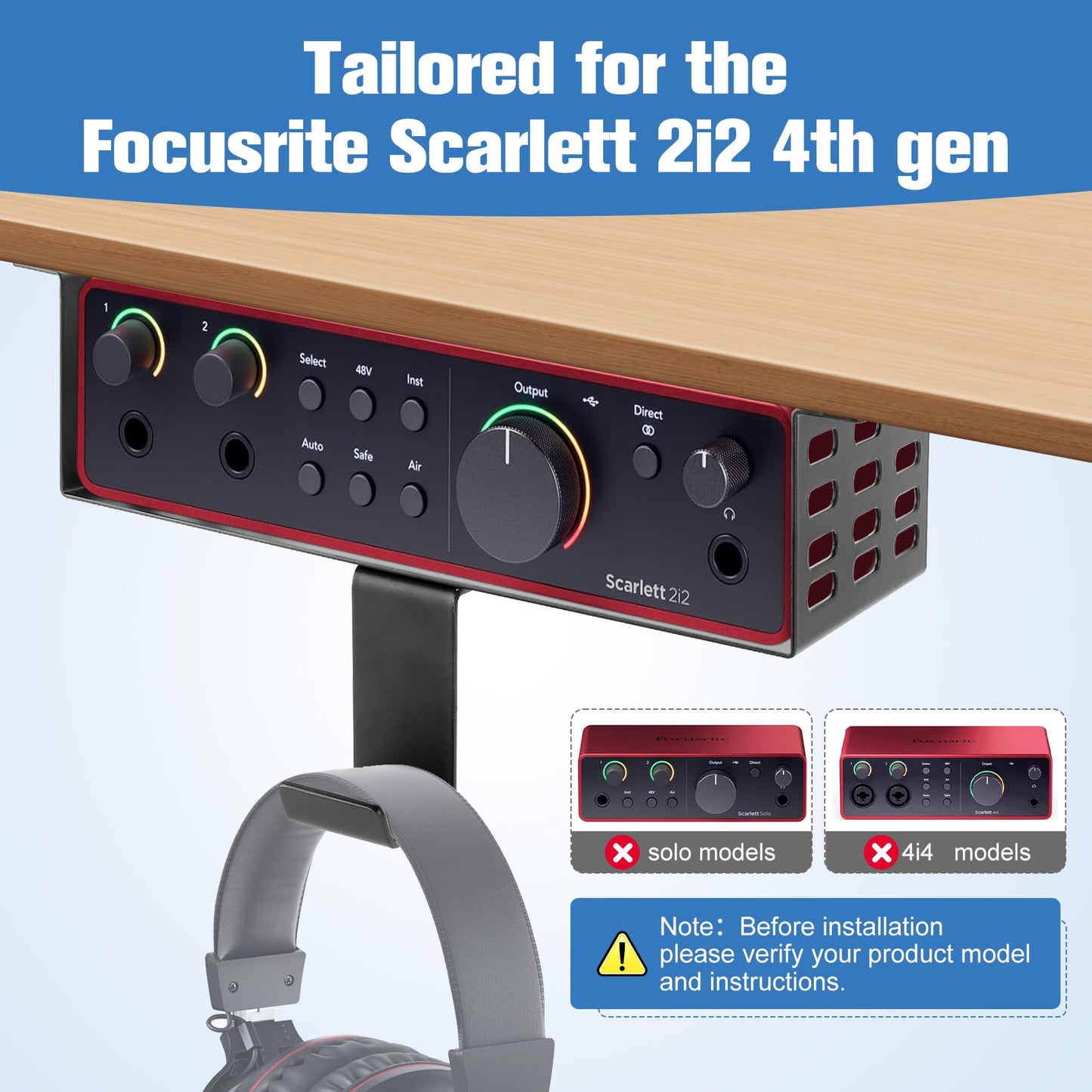 Metal Under Desk Mount for Focusrite Scarlett 2i2 4th Gen with Adjustable Headphone Hanger Stand, Metal Under Desk Mount for Audio Interfaces and Studio Gear (Only for Focusrite Scarlett 2i2 4th Gen)