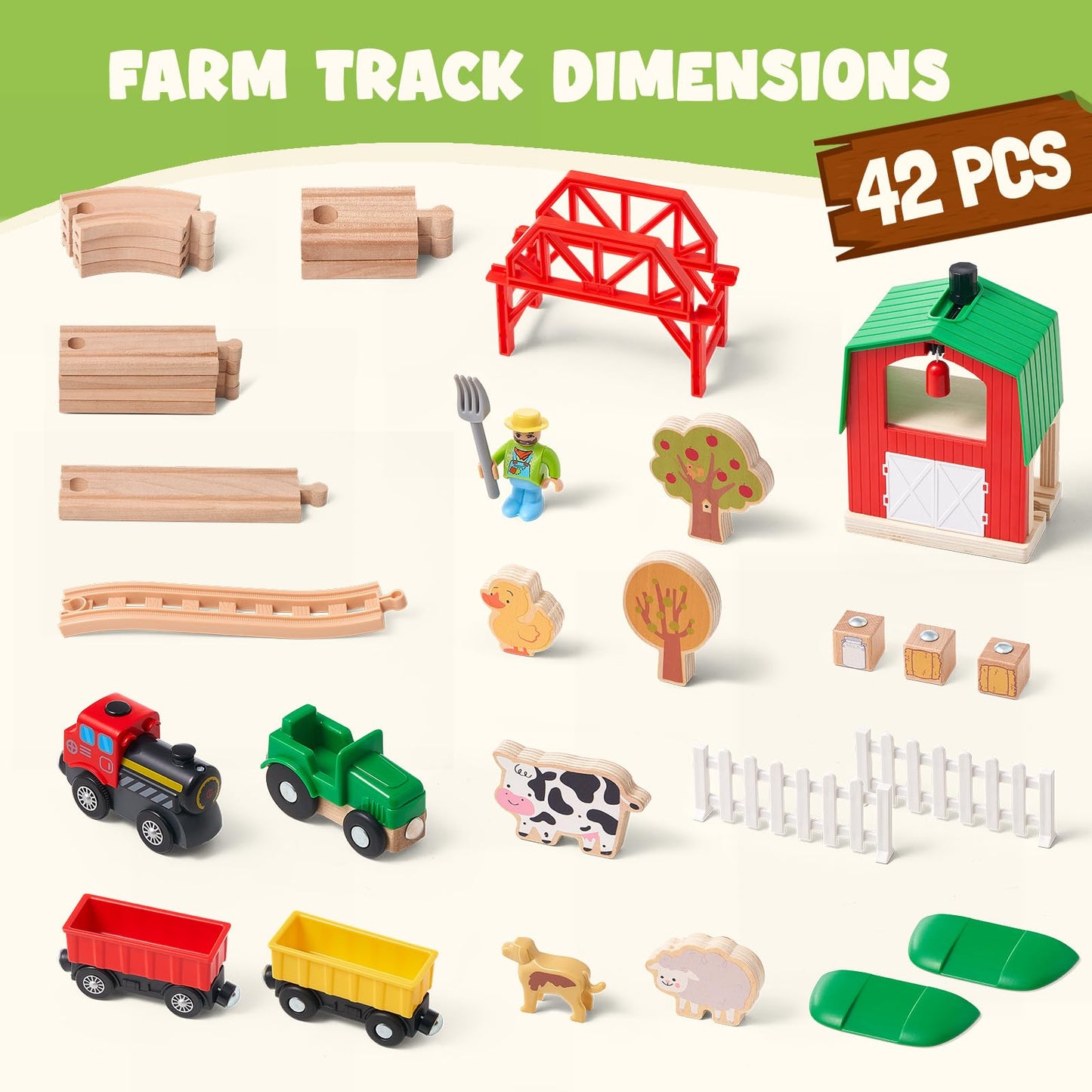Wooden Farm Train Set for Toddlers, Battery Operated Train Railway Track Set with Bridge, Barn, Animals, Tractor Cargo Trains, Compatible with Most Brand, Toy Gift for Kids Boys Girls Age 3-8
