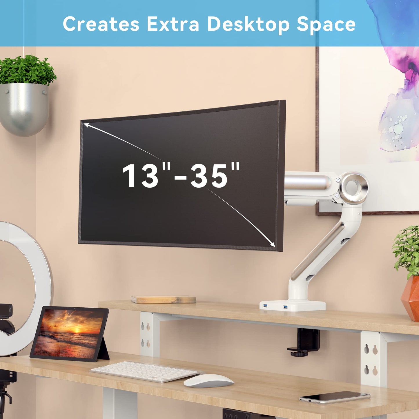 SHOPPINGALL Heavy Duty Monitor Mount for 13 to 35 inch VESA Compatible Screen, Pneumatic Gas Spring Arm Supports up to 26.5lbs - SA-GE61U-White