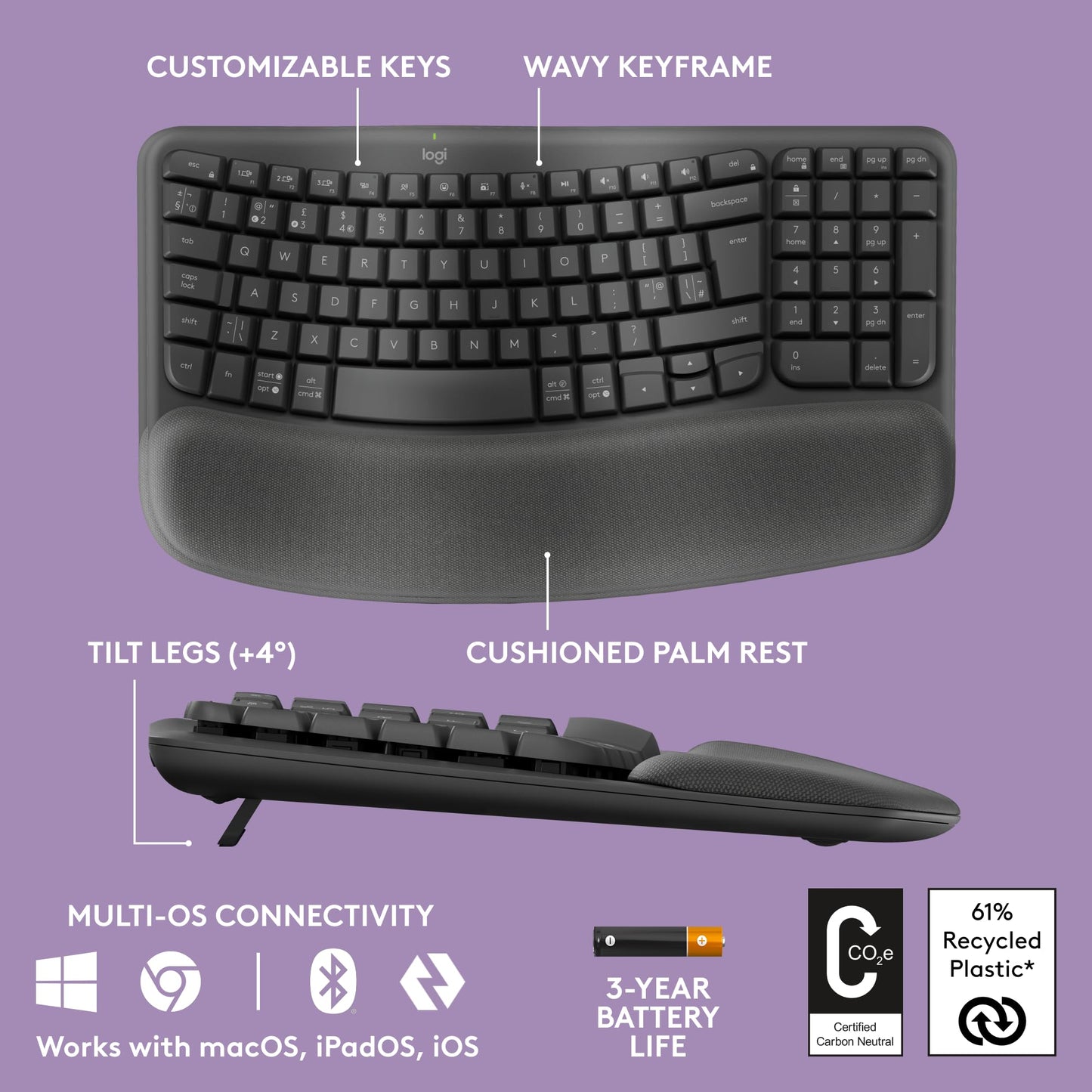 Logitech Wave Keys MK670 Combo, Wireless Ergonomic Keyboard with Signature M650 L Wireless Mouse, Comfortable Natural Typing, Bluetooth, Logi Bolt, for Multi-OS, Windows/Mac, French Layout - Graphite