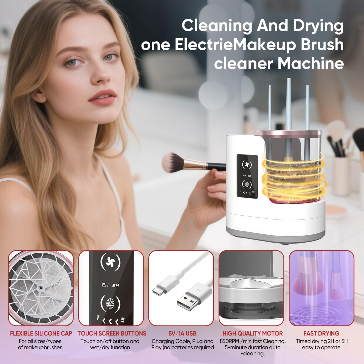 Electric Makeup Brush Cleaner 3-in-1 with Dryer – Automatic USB Brush Cleaner and Holder, Portable Quick-Dry Tool for All Brush Sizes（Deep Clean Edition）