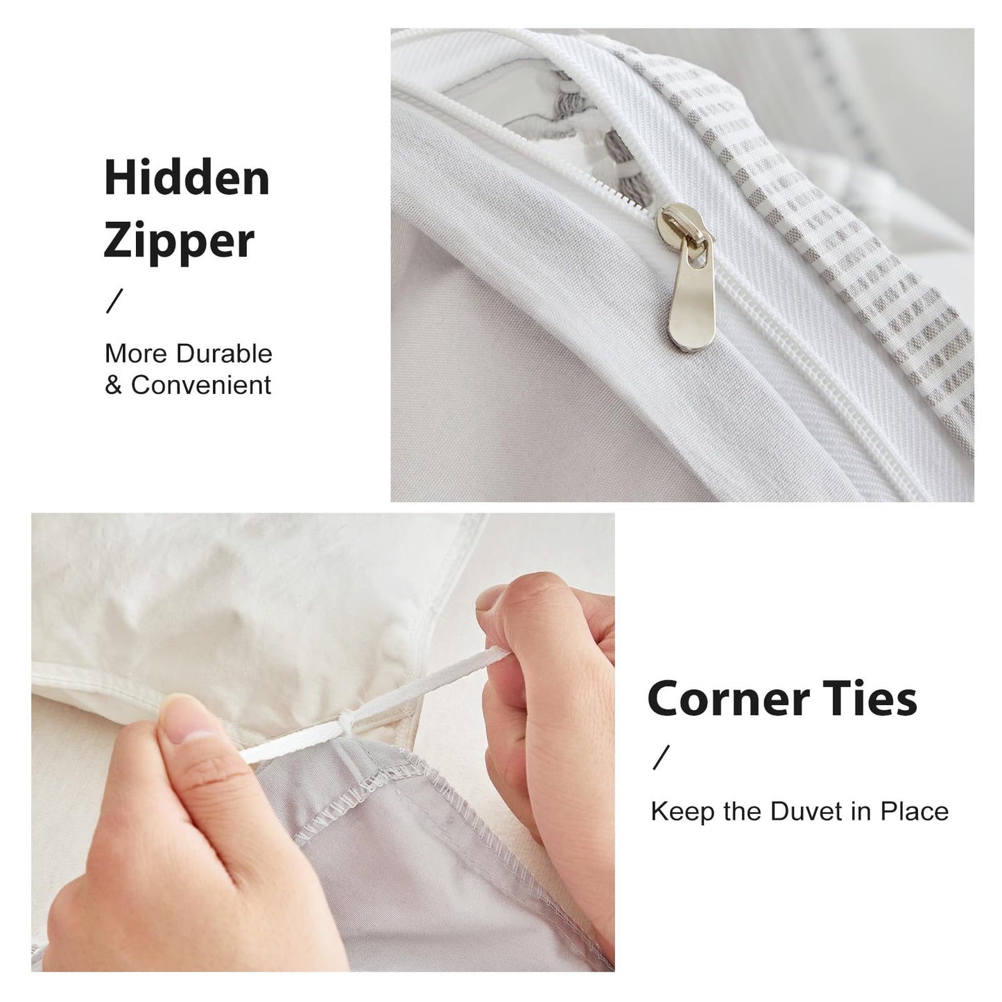 WARMDERN Striped Duvet Cover Lightgrey Queen, Lightgrey with White Striped Weave Pattern Bedding, Microfiber Soft Textured Duvet Cover Set with Zipper Closure and Corner Ties (Lightgrey, Queen)