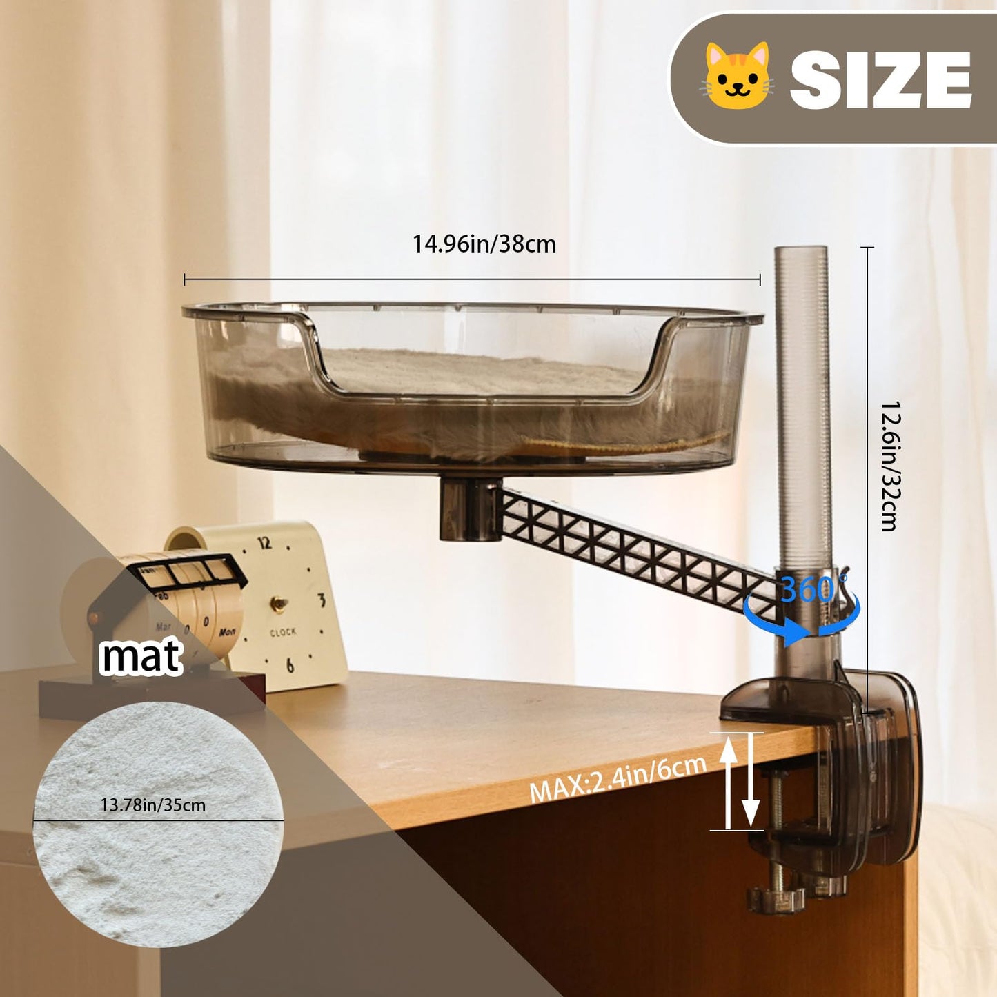Cat Bed Desk with Pet Mat, Cat Hammock for Desk with Bowl, 360° Rotation and Adjustable Height, Transparent Gray