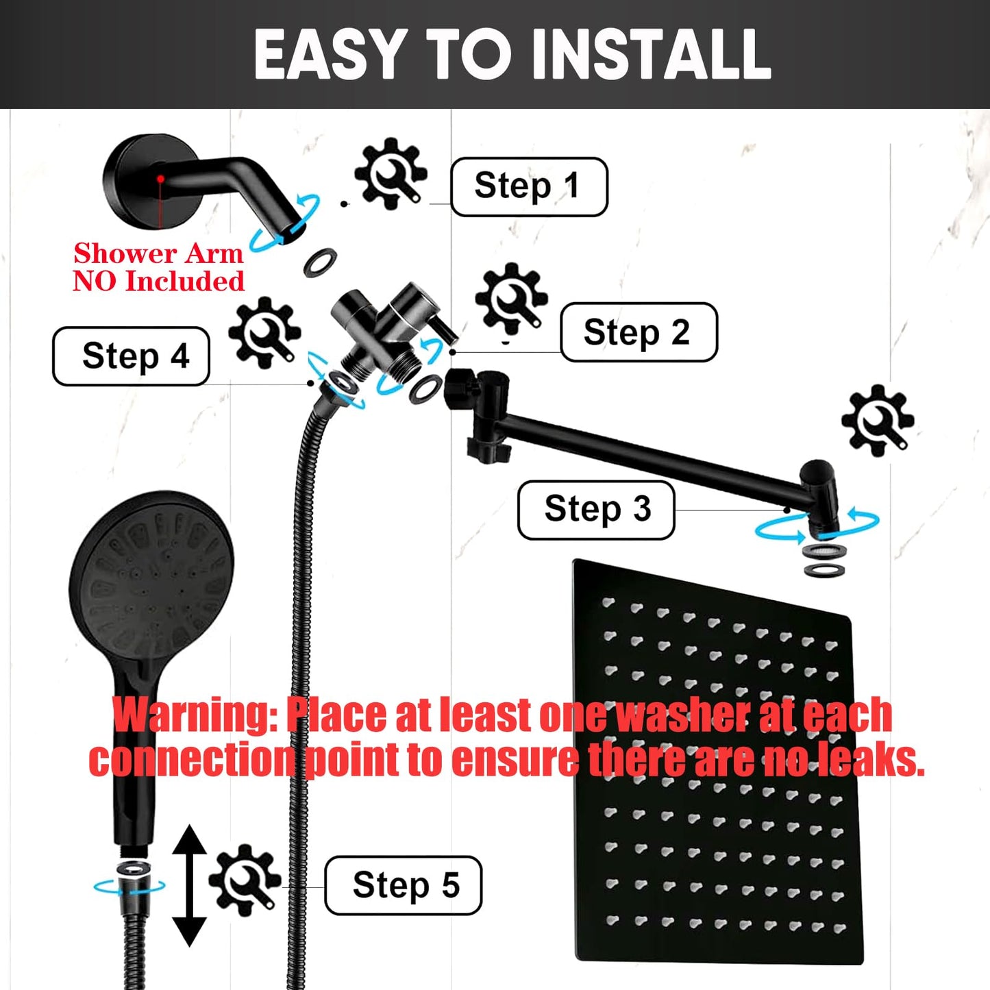 10 Inch Matte Black Rainfall Handheld Shower Head Combo Set GIFTQOOL High Pressure 5 Modes Dual Shower Head with Adjustable Rain Extension Arm, Hose, Holder Pomme De Douche