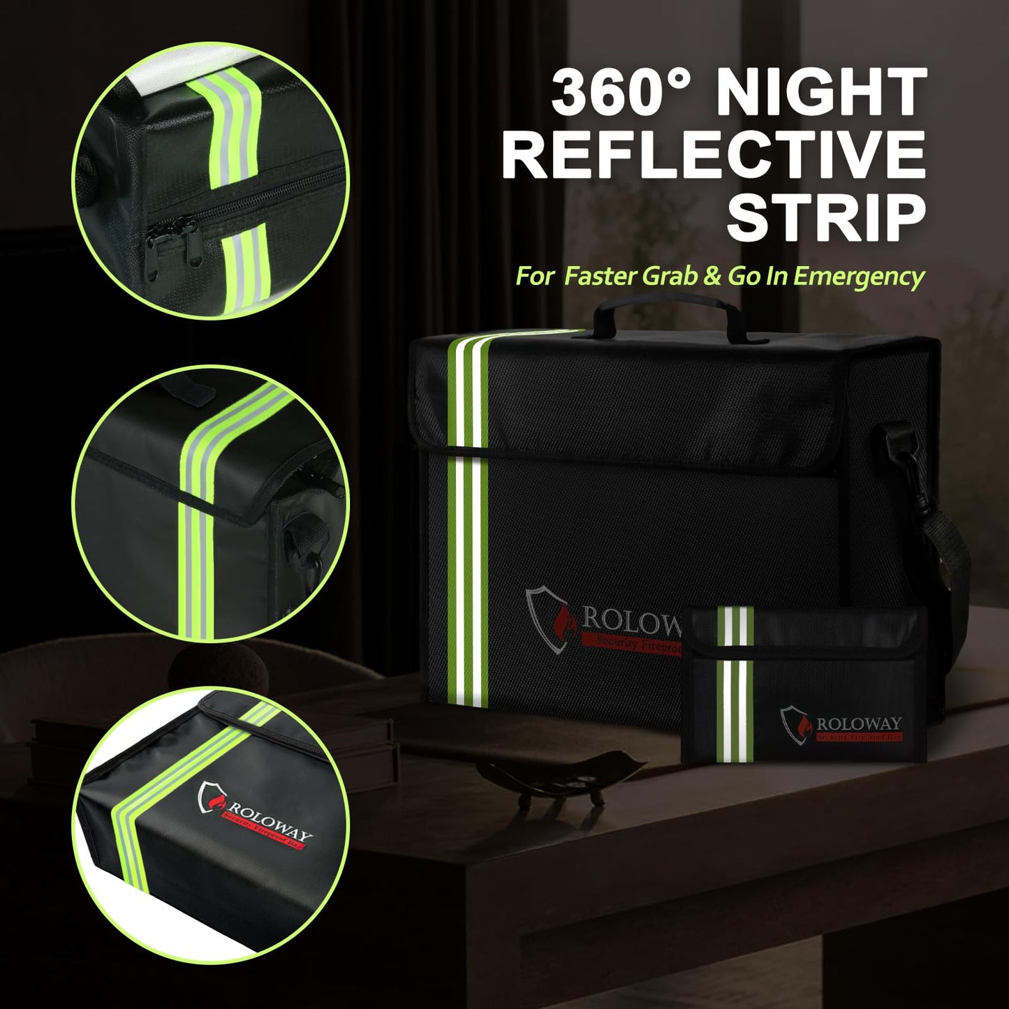 ROLOWAY Large Fireproof Document Bag 5200°F Heat Insulated, Reflective Strip, Fireproof Money Bag, Lockable Zipper, Black, 17 x 12 x 5.8 inches