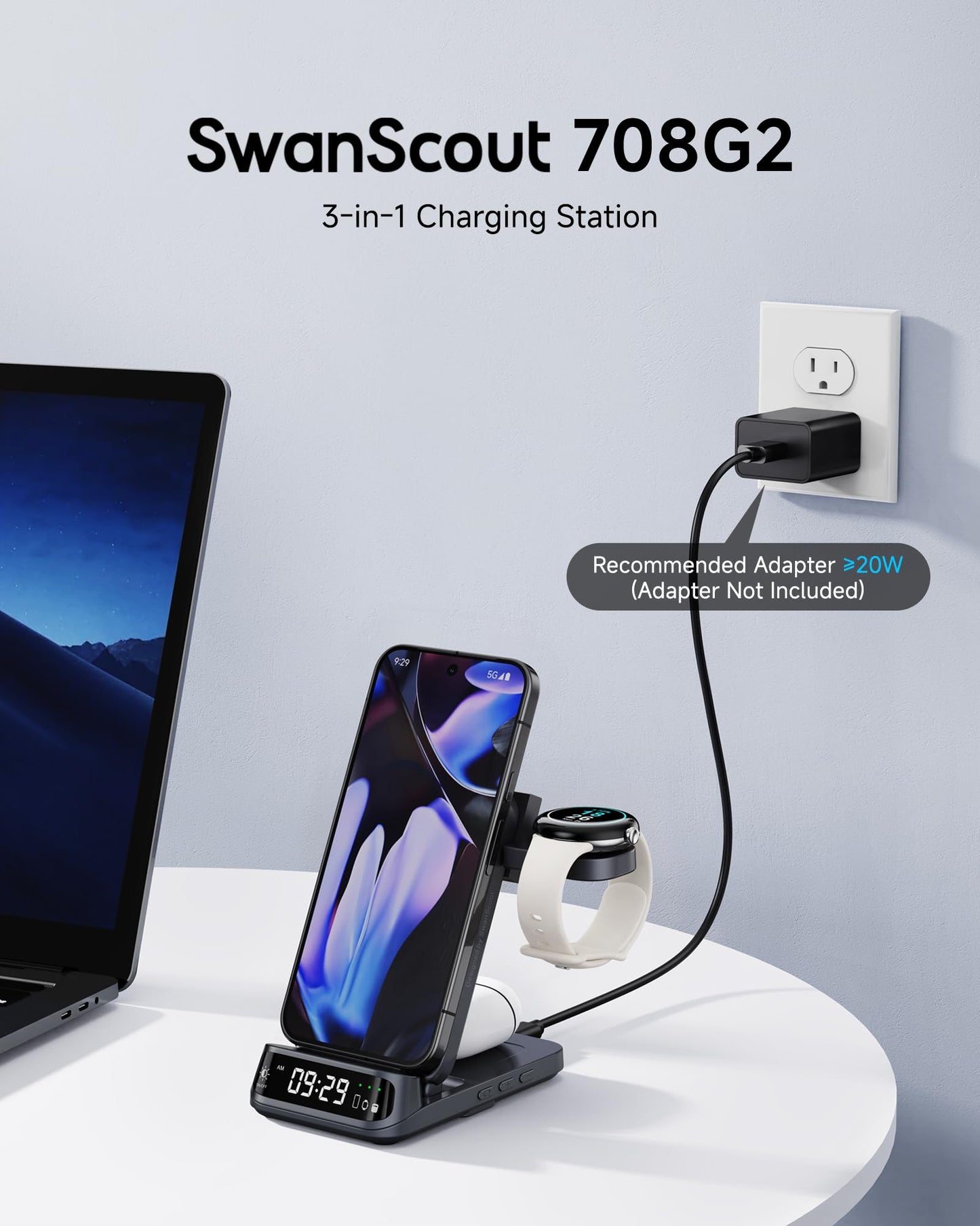 Wireless Charger for Pixel Watch 3/2, 3 in 1 Charging Station for Google 9 Pro Fold/9 Pro XL/9 Pro/9a/9/8/7/6/5, SwanScout 708G2 (Not for Pixel Watch 4/1, No Adapter)