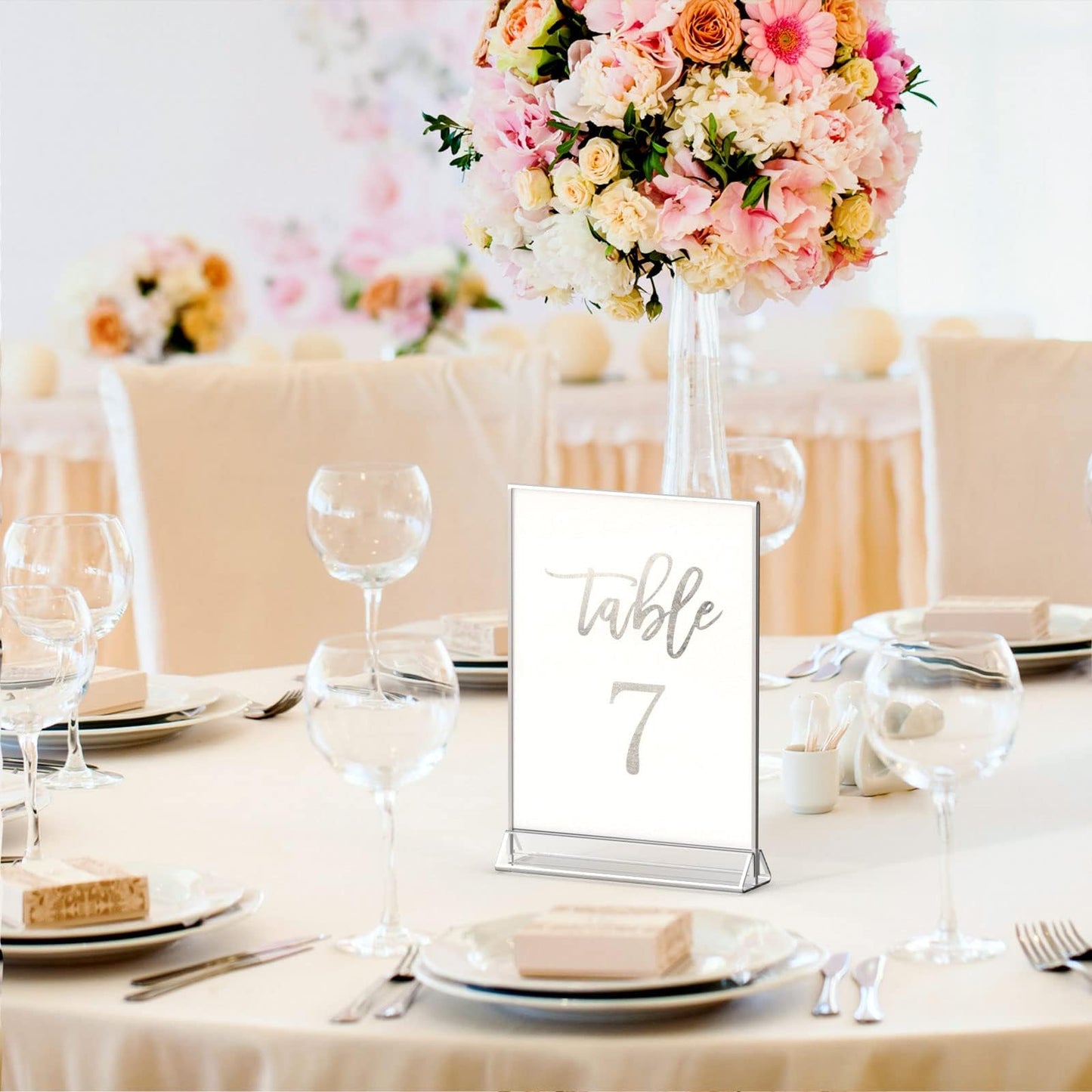 NIUBEE 6Pack 8.5x11 Clear Acrylic Sign Holder with Sliver Borders and Vertical Stand, Double Sided Table Menu Holders Picture Frames for Wedding Table Numbers, Restaurant Signs, Photos and Art Display