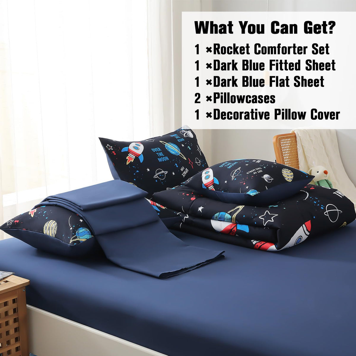 JQinHome Full Space Comforter Set for Kids,6 Piece Bed in A Bag 3D Galaxy Space Rocket Planets Bedding Set for Teens Boys Girls (1 Comforter,2 Pillowcases,1 Flat Sheet,1 Fitted Sheet,1 Cushion Cover)
