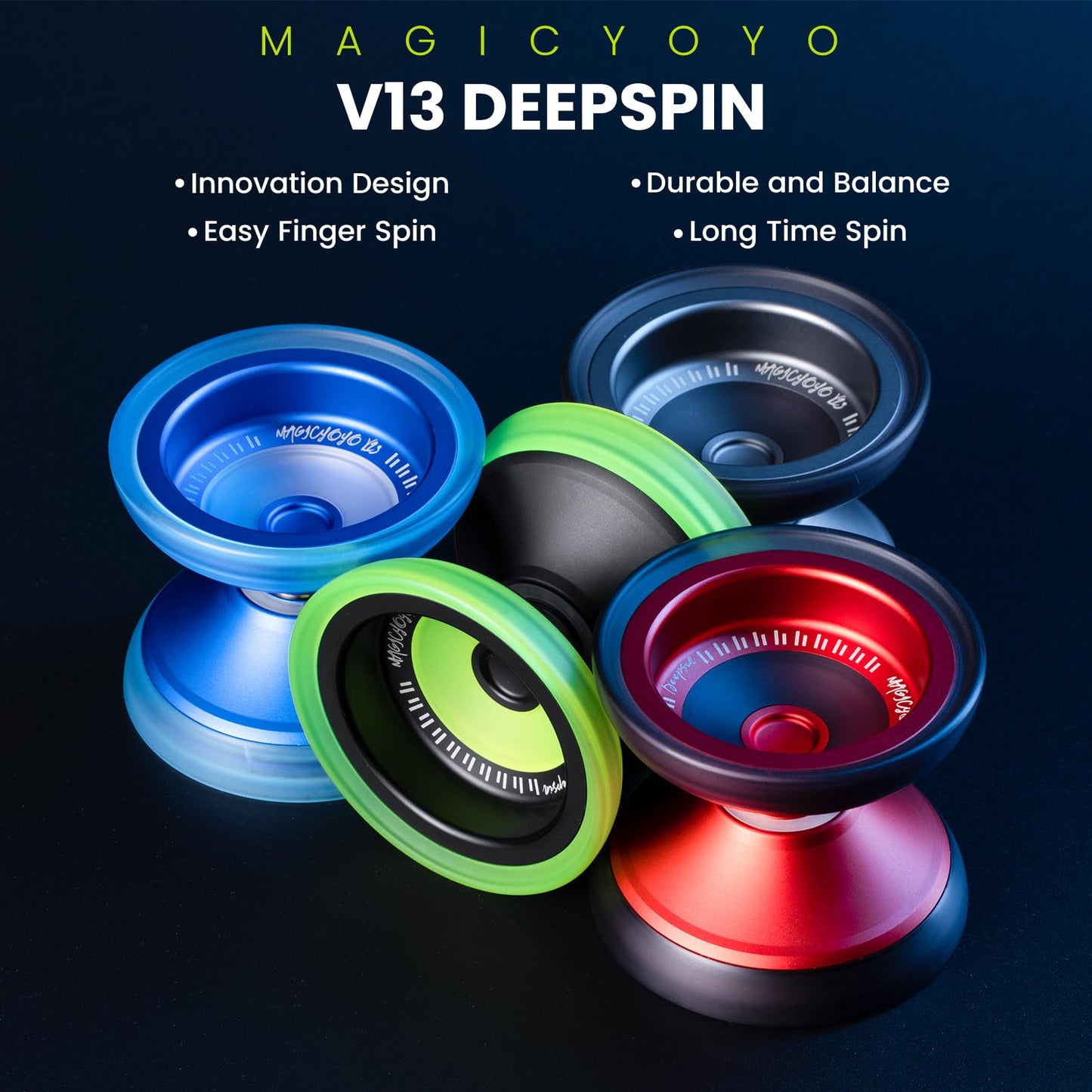 MAGICYOYO V13 DEEPSPIN Bi-Material Yoyo for Kids 8-12, Dual-Function Yoyo Professional for All Skill Levels, Trick Yo-yo with 12 Yoyos Strings, Finger Brace, Bearing Kit (Blue+Blue Rings)