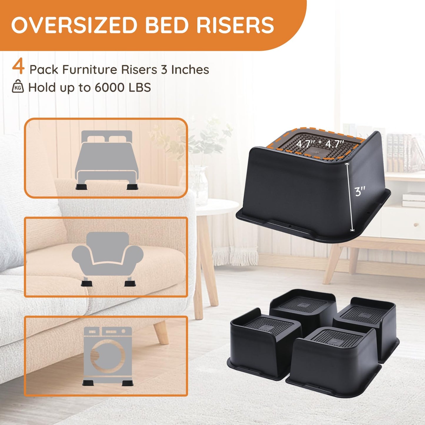 JONHWI Bed Risers, Oversized Furniture Risers, 3 inch Raise Blocks for Bed Couch Desk Sofa Table Lifts, Furniture Legs Lifters Support up to 6000 Lbs (Black, 4 Pack Set)