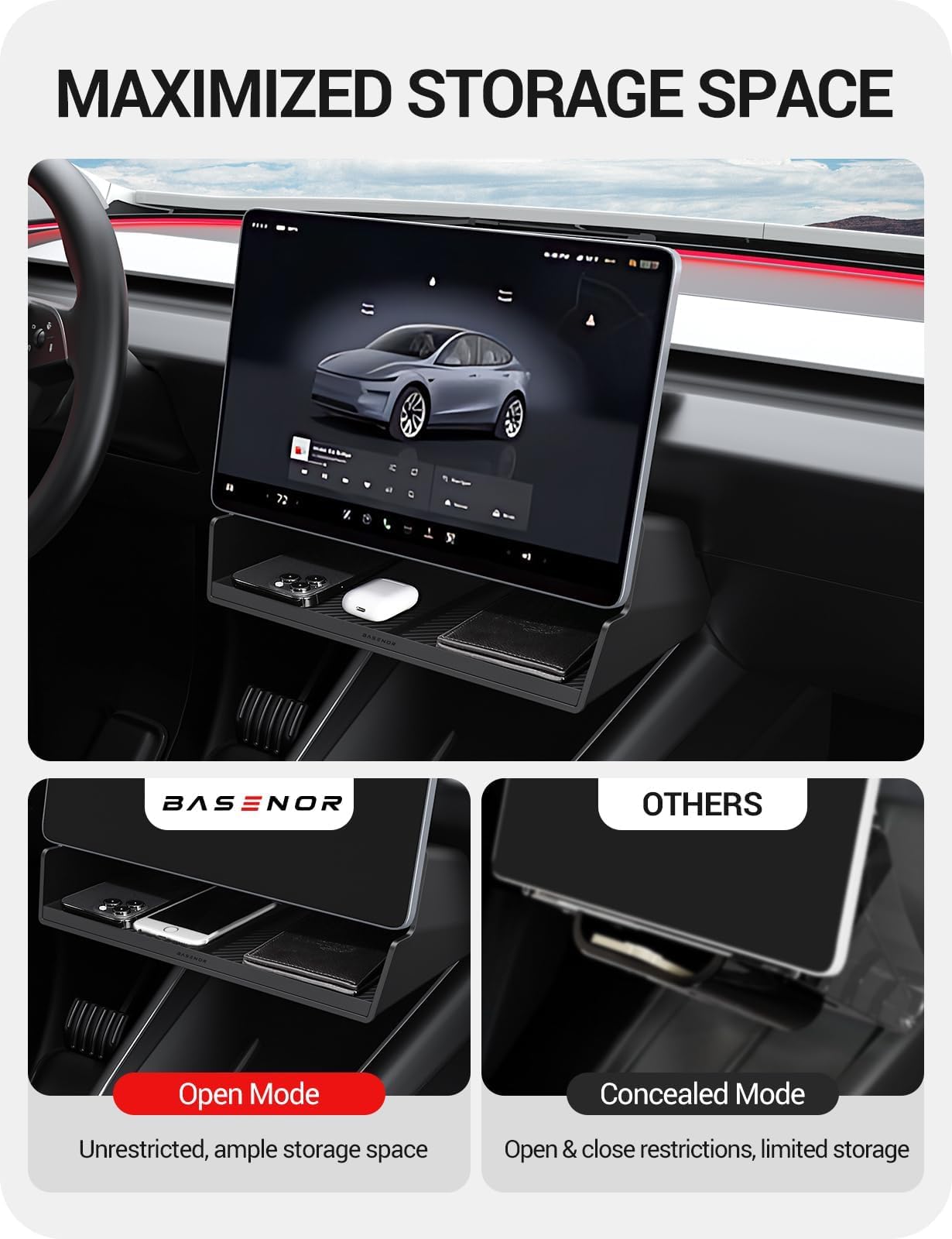 BASENOR 2026 Tesla Model Y Model 3 Center Console Organizer Storage Tray [100% Secure] Under Screen Organizer Box Tesla Interior Accessories for 2024-2026 Model 3 Highland 2025 2026 Model Y Juniper