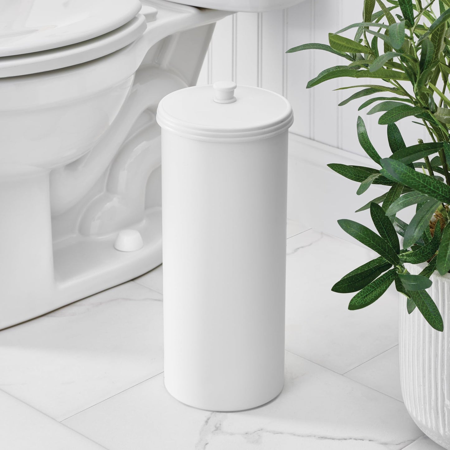 iDesign Kent Plastic Toilet Paper Tissue Roll Reserve Canister, Free-Standing Organizer for Master, Guest, Kid's, Office Bathroom or Closet, 6.25" x 6.25" x 15.5" - White