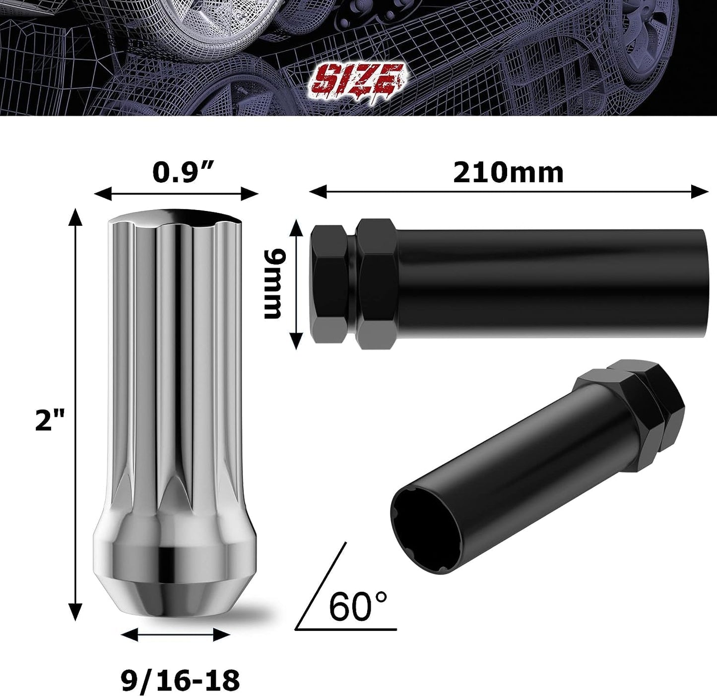 9/16x18 Wheel Lug Nuts, 32x Chrome 9/16x18 Lug Nut, Closed End Long Extended XL Spline, Conical/Cone Bulge Seat, with 1 Socket Key for Ram 2500/3500 F250/350 C20/30 K20/30 8 Lug Aftermarket Wheels