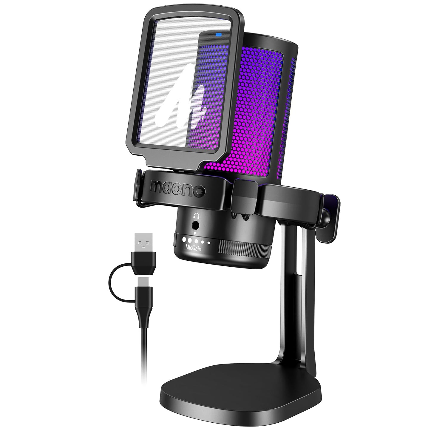 MAONO USB Gaming Microphone for PC, Noise Cancellation Condenser Mic with RGB Lights, Mute, Gain for Streaming, Recording, Podcast, Chat, Twitch, YouTube, Discord, Computer, PS5, PS4, DGM20 Black