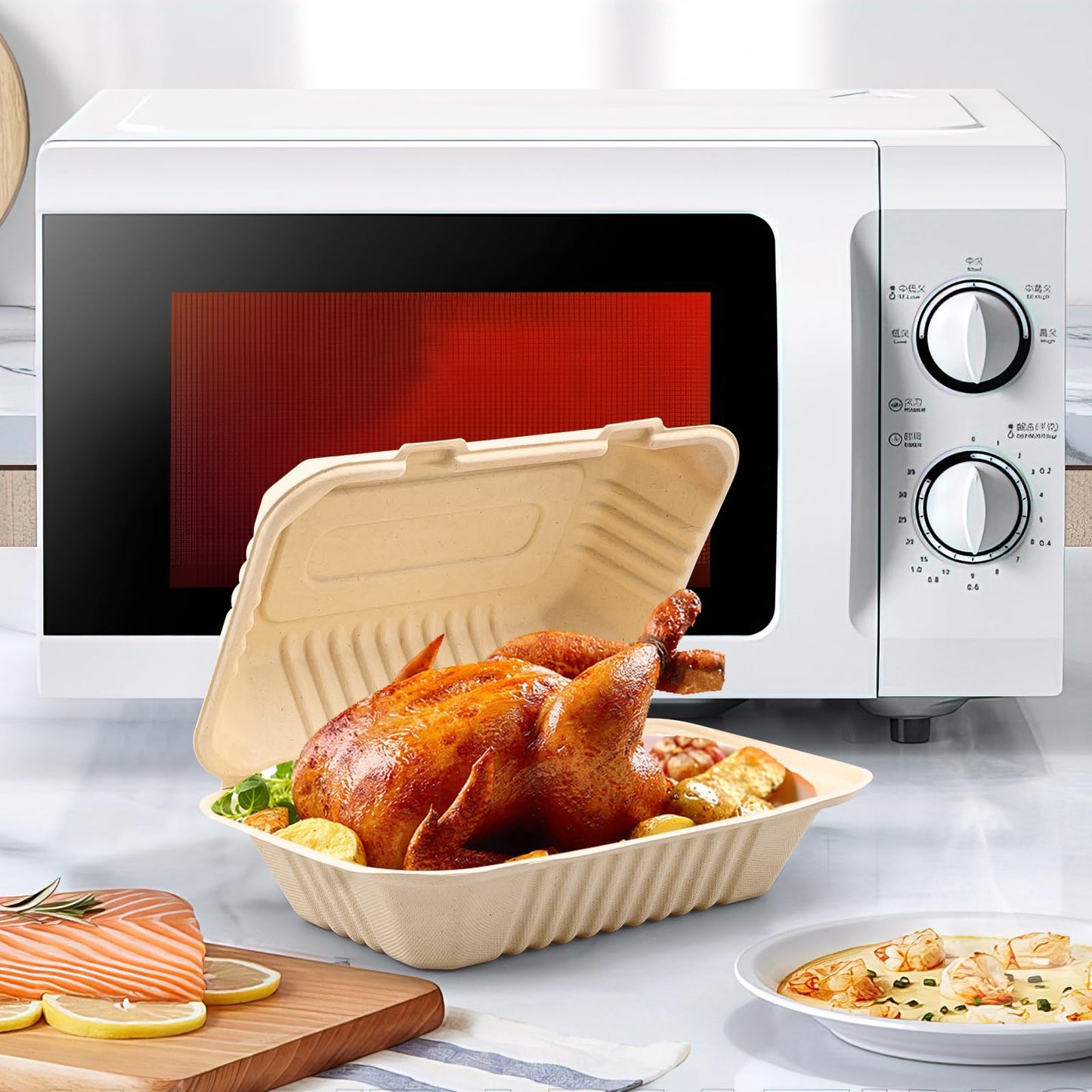 9 x 6 Clamshell Take Out Food Containers - 75 Pack Disposable To Go Containers, Compostable & Biodegradable Made of Sugar Cane Fibers