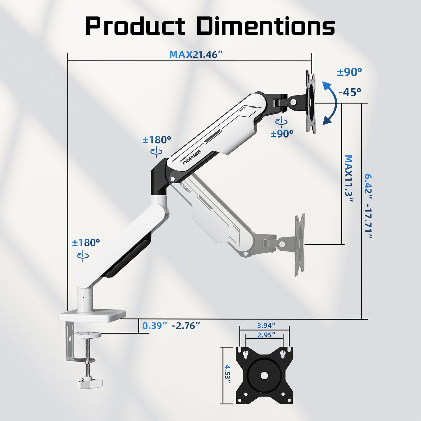 Fydeamer Single Monitor Arm, Heavy Duty Gas Spring Monitor Mount for 17-32 Inch Screens up to 19.8lbs, Full Motion Adjustable Monitor Desk Mount with VESA 75x75/100x100mm Compatibility, White