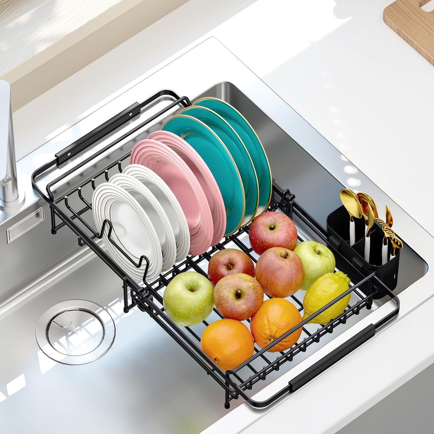 Urackify Expandable Dish Drying Rack Over The Sink, Adjustable Dish Rack in Sink, Rustproof Dish Drainer for Kitchen Counter, Dish Strainer with Utensil Holder, 13.07" ~ 21.2" X 11.2" X 3.2", Black