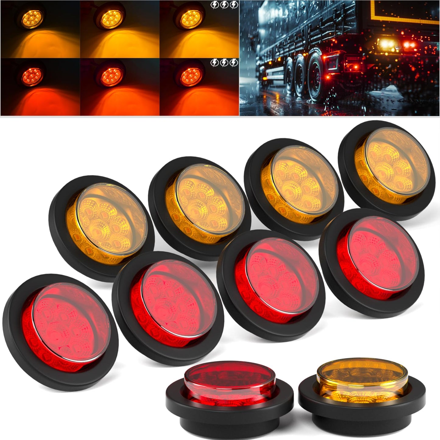 BJZ 2'' High/Low Light+Strobe Light Trailer Clearance Marker LED Lights Round Side Tail Brake Stop Turn Signal Lights Flush Mount for Trailer Truck Van RV ATV Bus Pickup RV Snowmobile (5 Red 5 Amber)