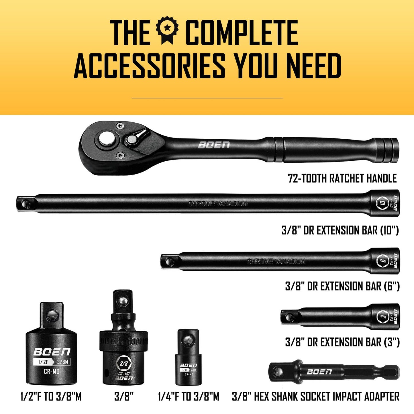 3/8" Drive Impact Socket Set, 57-Piece Standard SAE (5/16 to 3/4 inch) and Metric (8-22mm), Include Ratchet Handle, Extension Bar, Universal Joint, Adapter, and Additional 5 10mm Sockets
