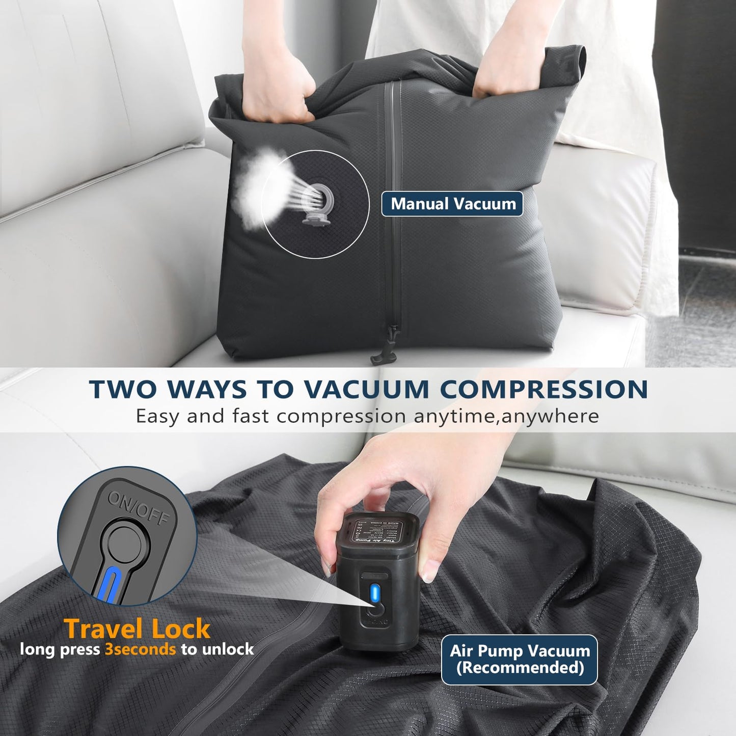 33L Professional Vacuum Bags for Travel with Wireless Vacuum Pump, Dobaly IP67 Reusable Vacuum Compression Bags for Suitcases and Backpack Space Saver Vacuum Bags Lightweight&Durable (1PC+Pump)