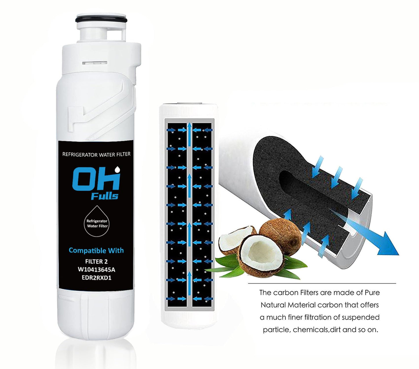 OHFULLS W10413645A Refrigerator Water Filter Replacement, Compatible with W10413645A Filter 2 EDR2RXD1 Refrigerator Water Filter 2, 9082, 9903 Water Filter (4-Pack)