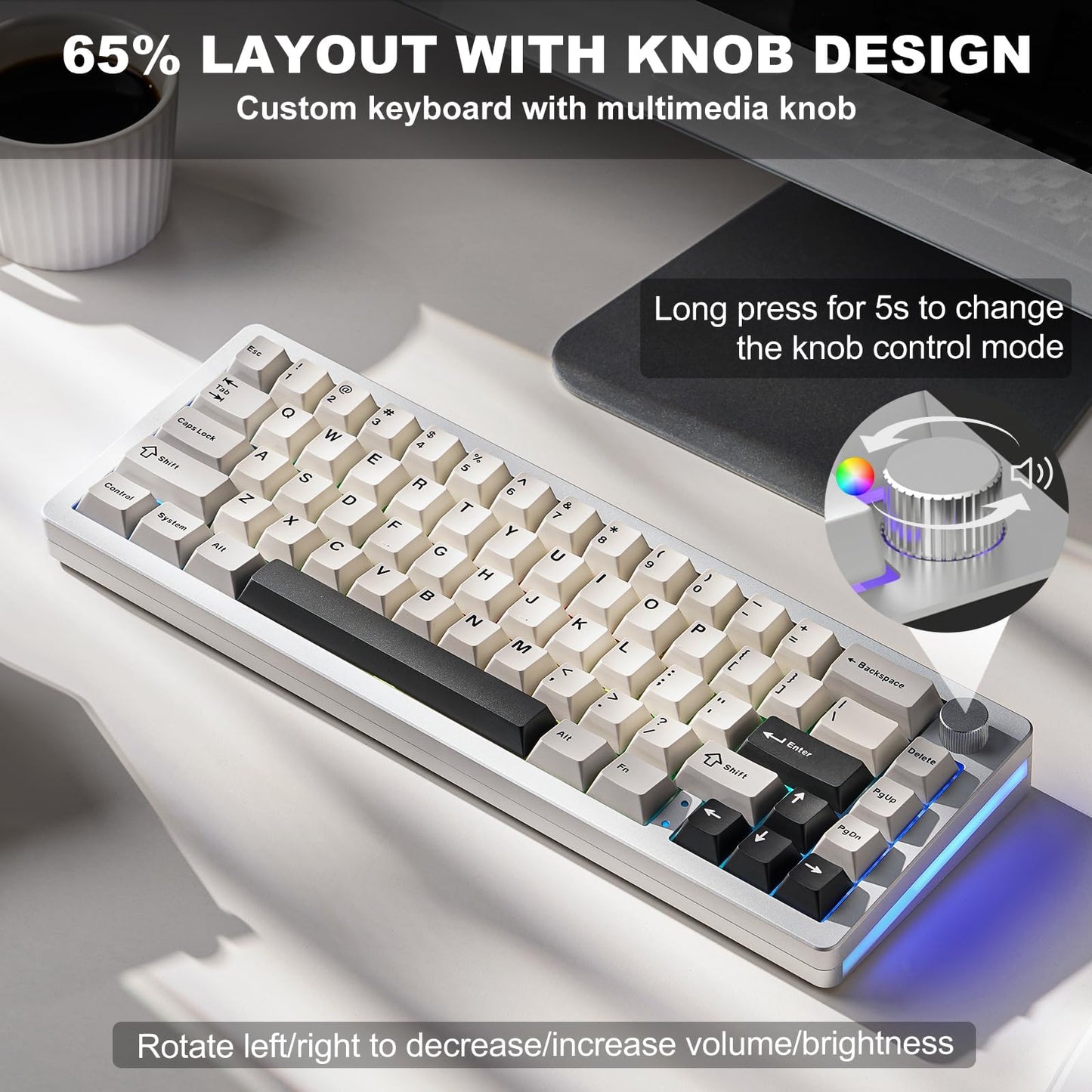YUNZII AL66 Wireless Mechanical Keyboard,65% Knob Control Aluminum Gaming Keyboard Bluetooth/2.4G/Wired Hot Swappable Pre-lubed Switches, Gasket Mounted RGB Keyboard for Win/Mac(Milk Switch, Silver)
