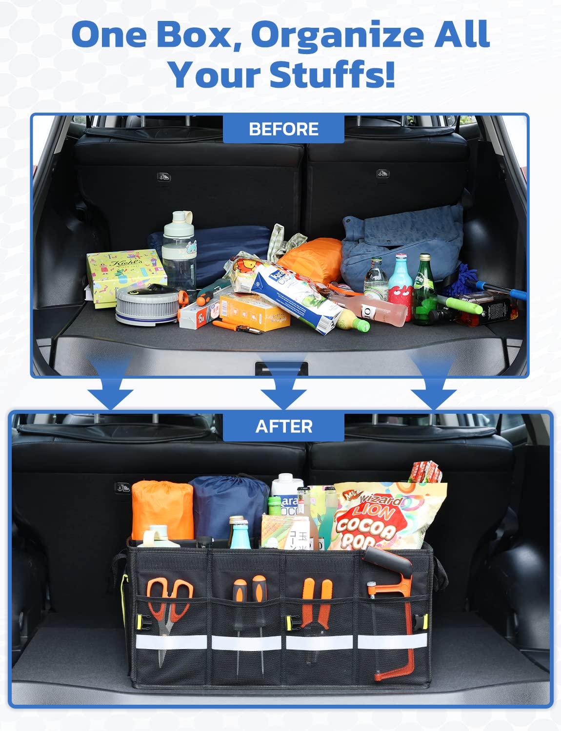 Oasser Car Trunk Organizer for SUV, Car Trunk Storage Organizer Collapsible Multi-compartments Cargo Storage Box with Foldable Cover, Reflective Strip, Non Slip Bottom E3A Black