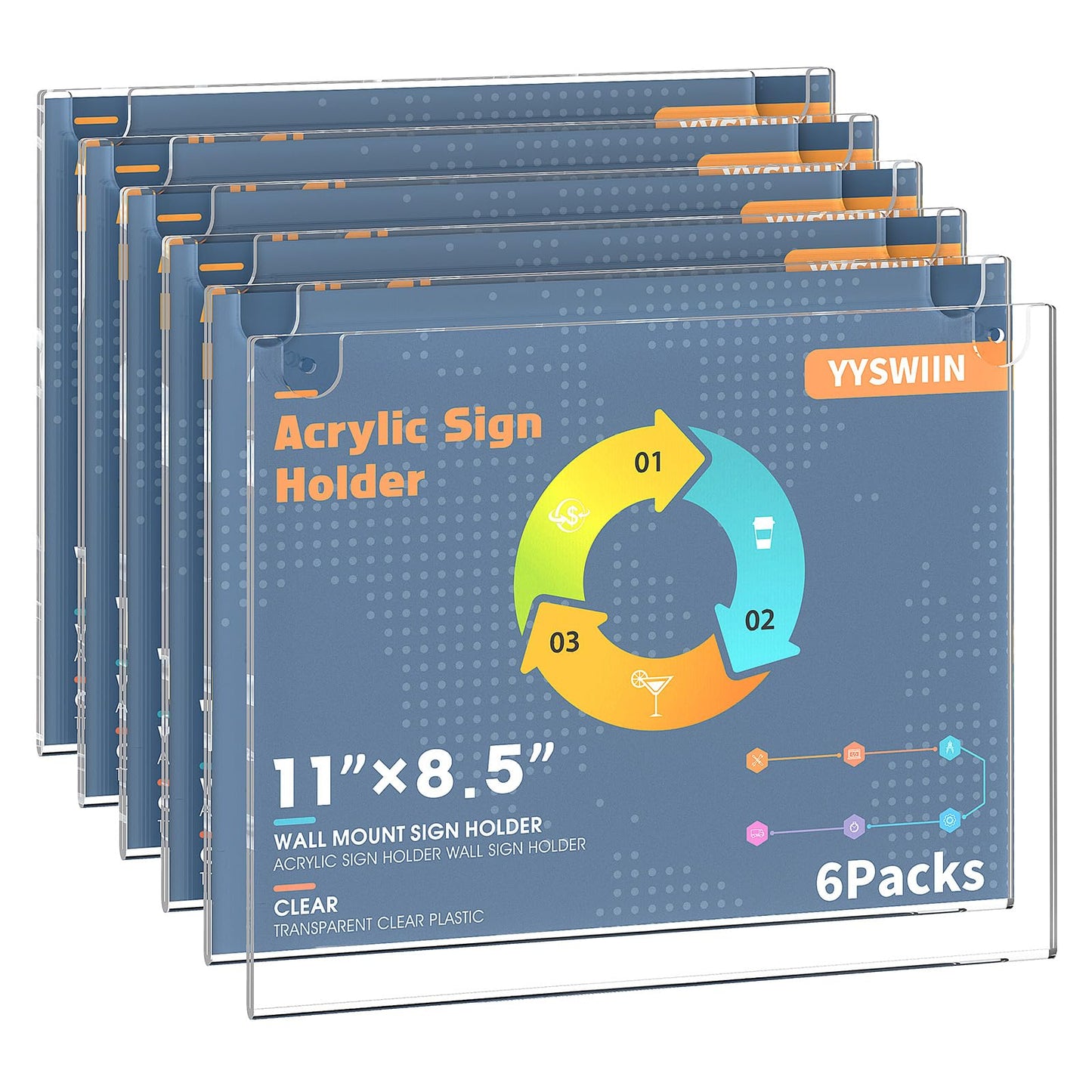 YYSWIIN Acrylic Sign Holder 8.5 x 11 Horizontal Wall Mount,Clear Plastic Poster Holders with 3M Tape and Mounting Screws,Durable Plexi Frame for Office,Store,Home,Cafe, Restaurant (6 Pack)