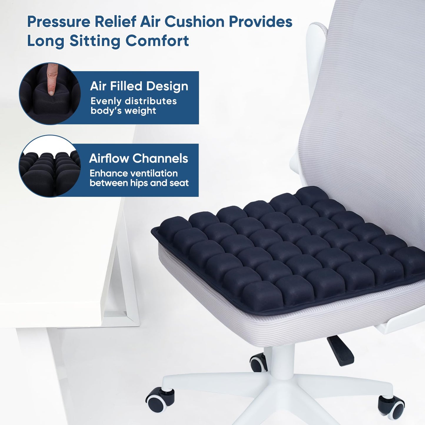 Hexara Ergonomic 3D Air Cushion for Long Sitting, Inflatable Airplane Seat Cushion for Long Flights, Travel Cushions for Office, Car, Wheelchair, Comfort for Coccyx, Low Back Pain Relief(Black)