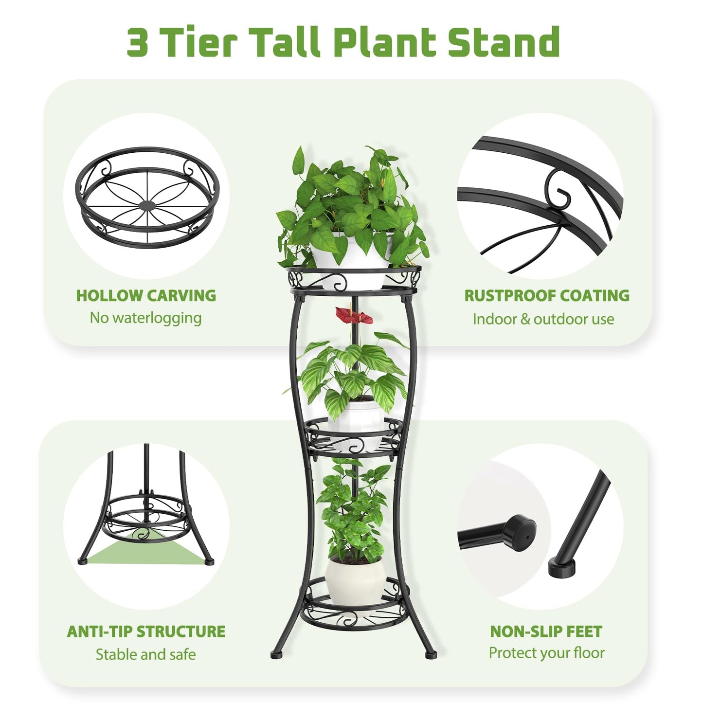 iDavosic.ly 3 Tier Tall Plant Stands Indoor Outdoor, Metal Corner Plant Stand Clearance, 34 Inch Single Flower Plant Pot Holder, Black