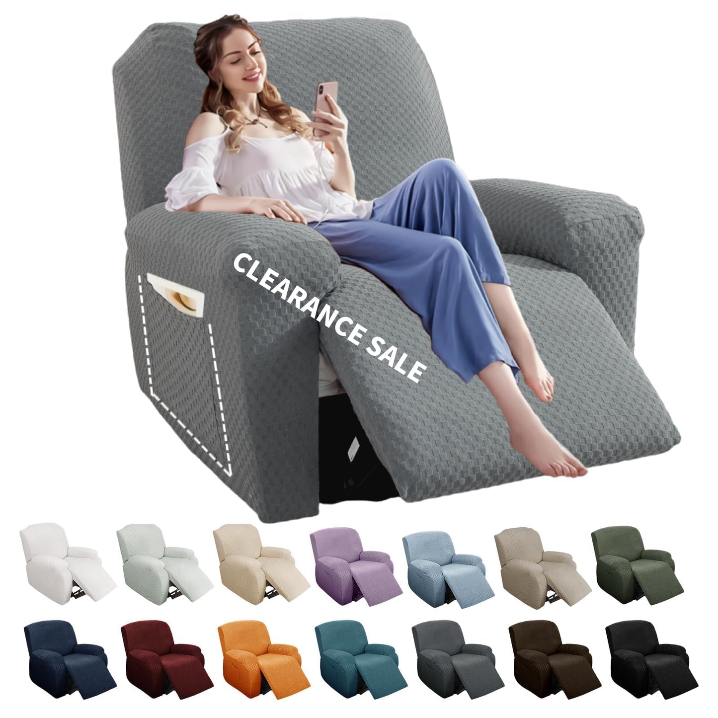 YEMYHOM 4 Pieces Stretch Recliner Slipcover Latest Jacquard Recliner Chair Cover with Side Pocket Anti-Slip Fitted Recliner Cover Couch Furniture Protector with Elastic Bottom (Recliner, Light Gray)